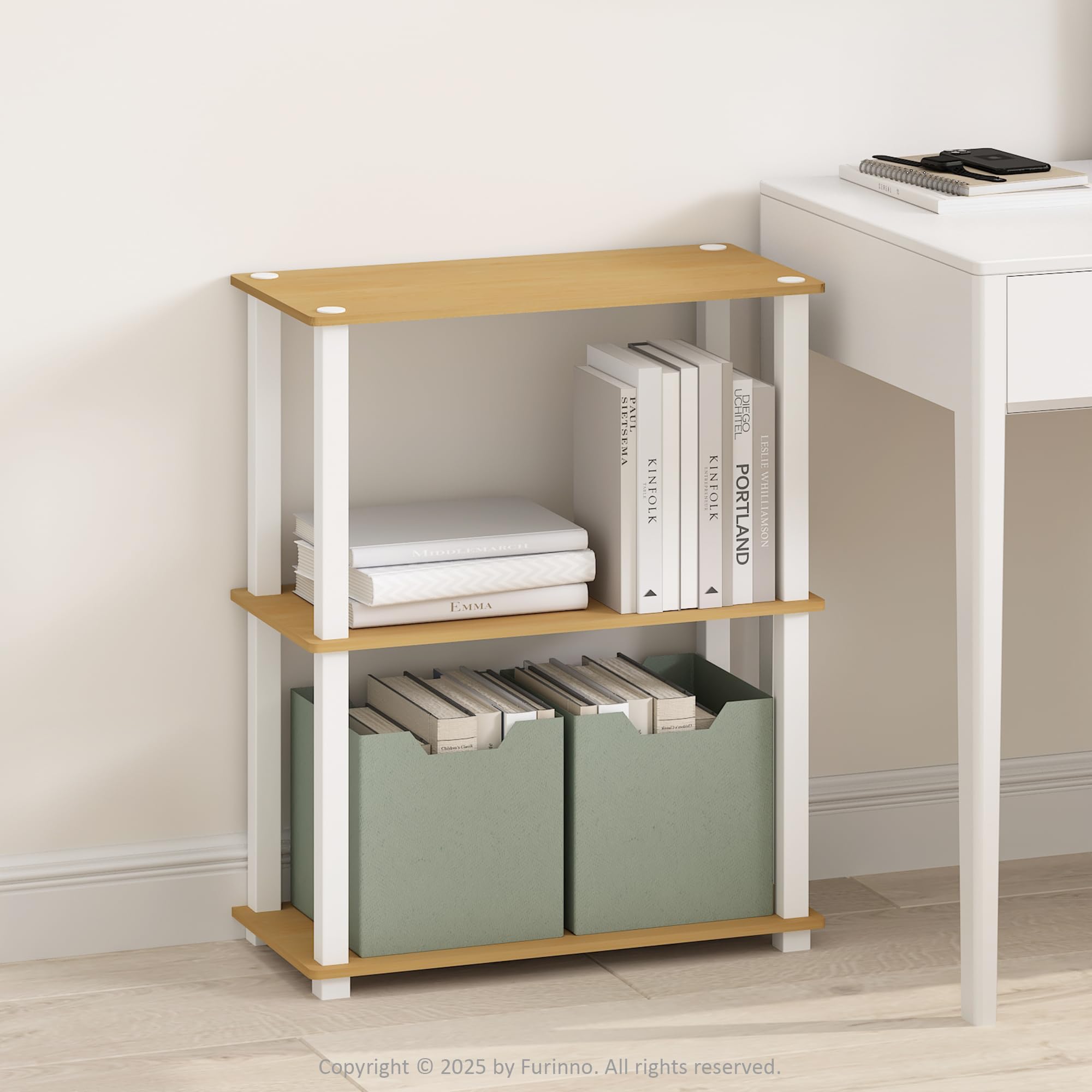 Furinno TURN-S-TUBE Book Shelf, 3-Tier Bookshelf, Multipurpose Bookcase with Square Tube, 11.6 x 23.6 x 29.6, for Living Room, Bedroom, Home Office, Beech/White