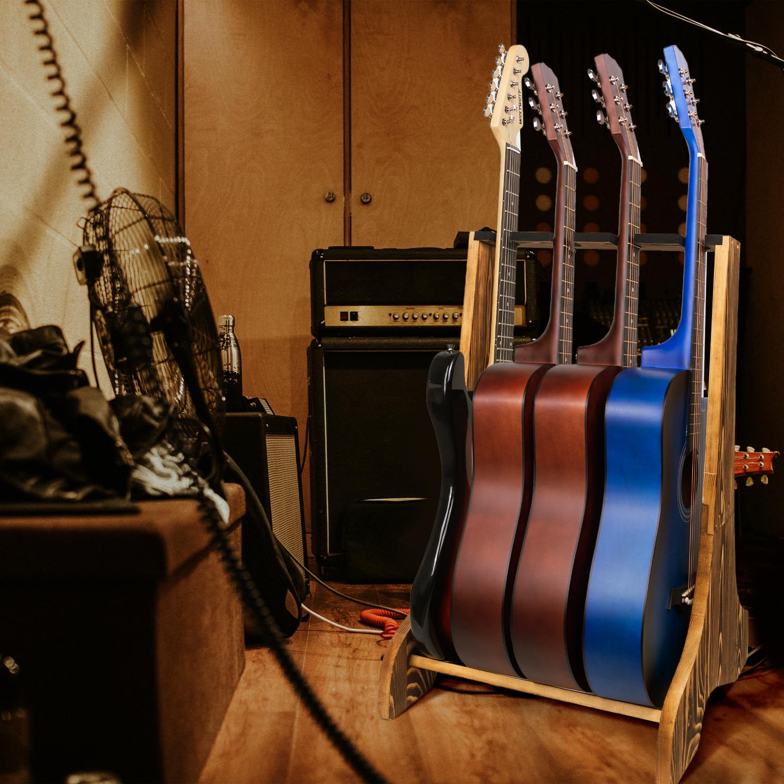 4 soportes múltiples para guitarra, soporte para guitarra con banda protectora de terciopelo, soporte de exhibición de guitarra de madera para guitarra acústica, eléctrica, bajo, estudio de música y