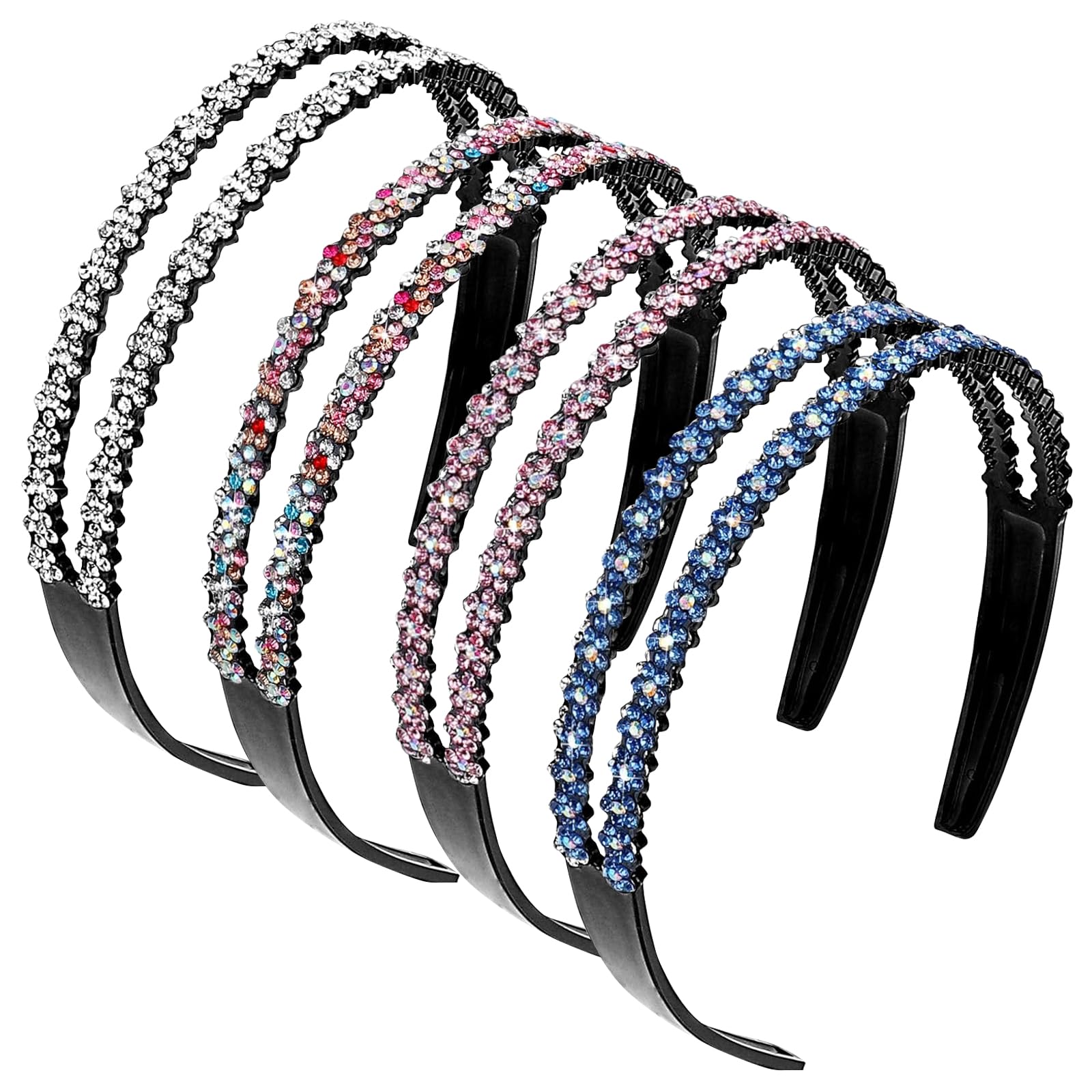 4 Pcs Crystal Headbands For Women, Double Row Non-slip Hard Hair Hoop Fashion Crystal Teeth Hairband, Rhinestone Headbands Wedding Party Prom Hair Hoops Bands Accessories for Women Girls Teens