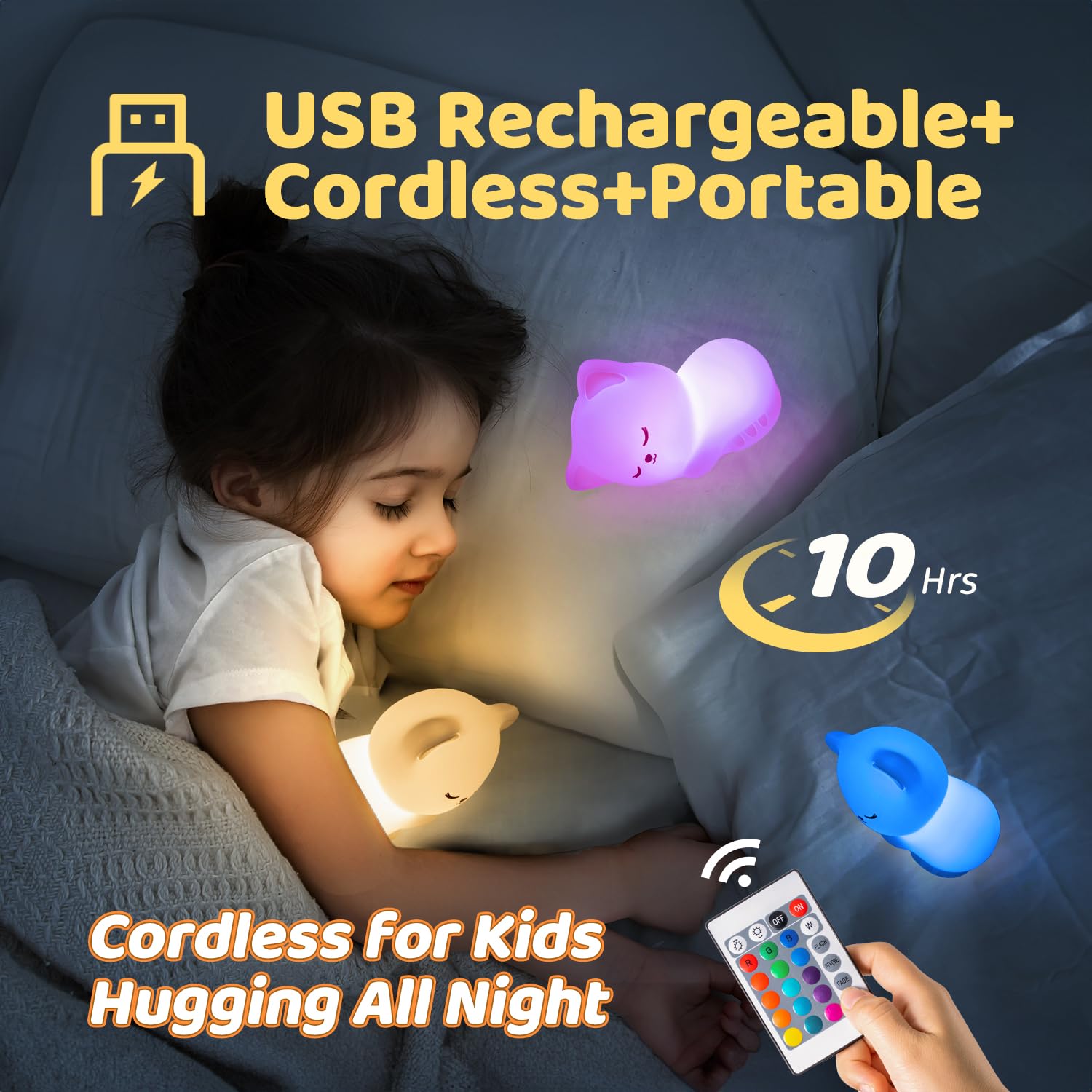 One Fire [Regalo+Telecomando] Luce Notturna Bambini, 16 Colori 5 Luminosità Lampada Gatto, Silicone Ricaricabile LED Lampada Notturna per Bambini Cameretta Bambina Regalo Bambina Bimba Regali Natale