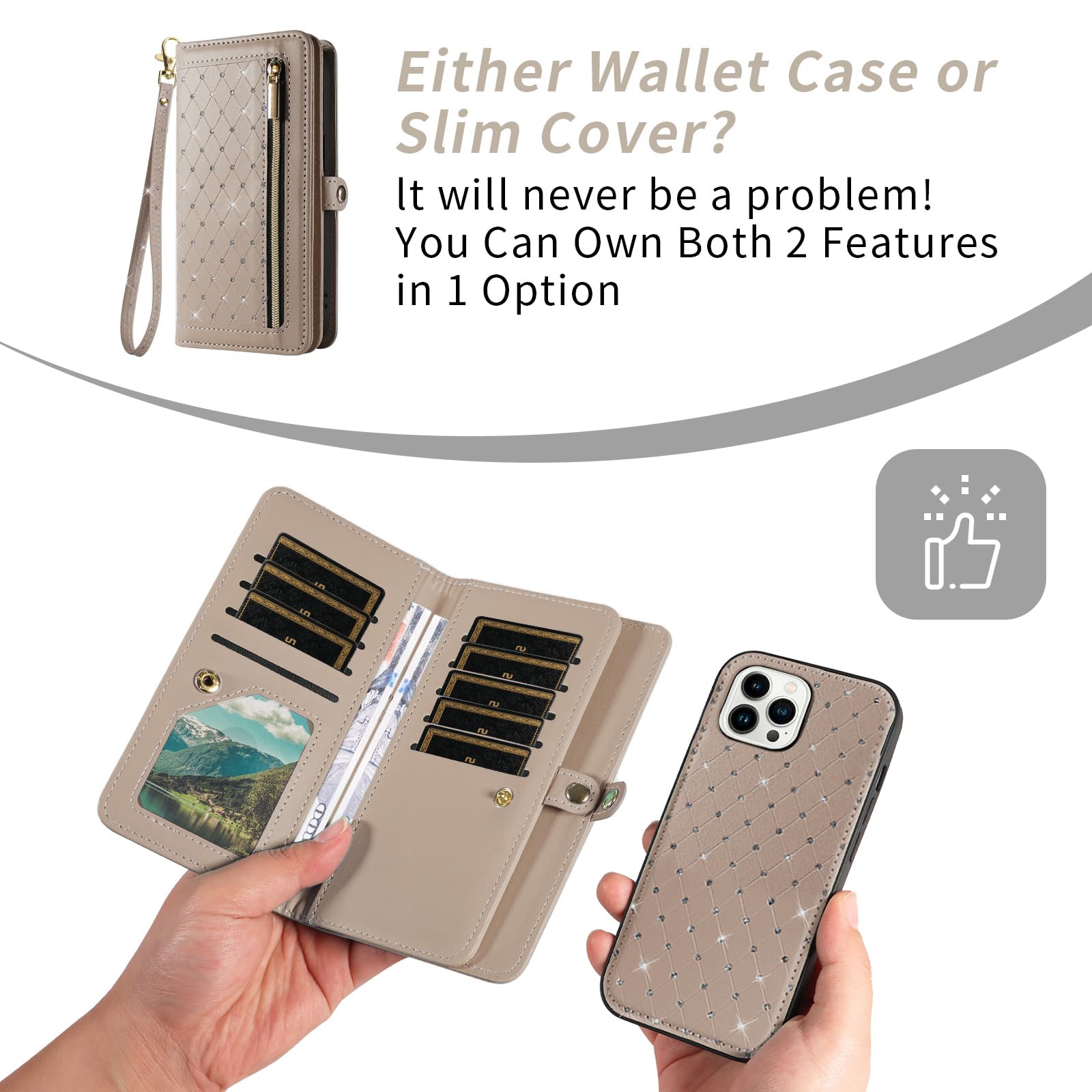 Funda para iPhone 13 Pro Max 2021 con cremallera, funda magnética desmontable con protector de pantalla, correa de cordón cruzada, con purpurina, para iPhone 13promax 5G i Phone13Max Plus, para mujer