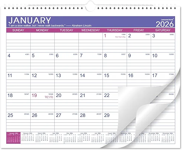 2026 Wall Calendar - Calendar 2026, Jan. 2026 to Dec. 2026, 15" x 11.5", Wall Calendar 2026 with Thick Paper + Hanging Hook with Julian Date - Purple