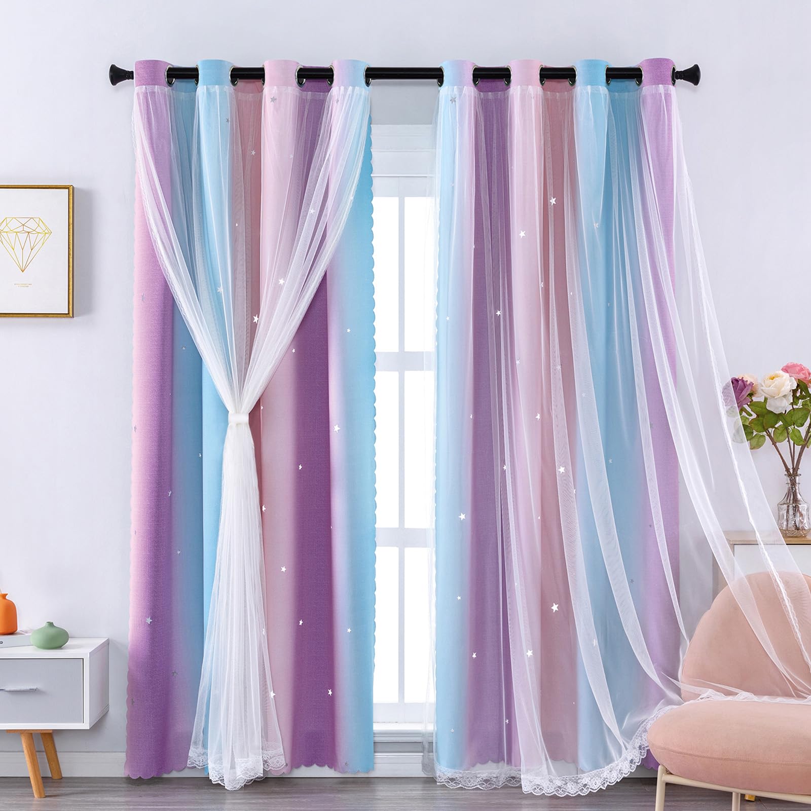 XiDi Rainbow Blackout Curtains 132cm Wide x 213cm Drop (52x84), Double Layer Star Cutout Voile for Sliding Glass Door, Kids & Adult Bedroom Thermal Insulated, 2 Panels