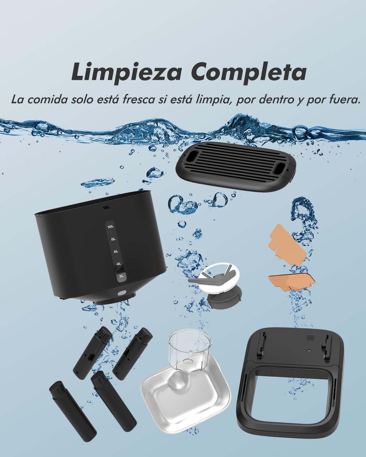 Comedero automático para Razas Grandes, 15L de Capacidad para Gato y Perro | Comedero automático 2-23mm, anti-atascos, soporte ajustable, grabación voz, doble alimentación, cuenco inox