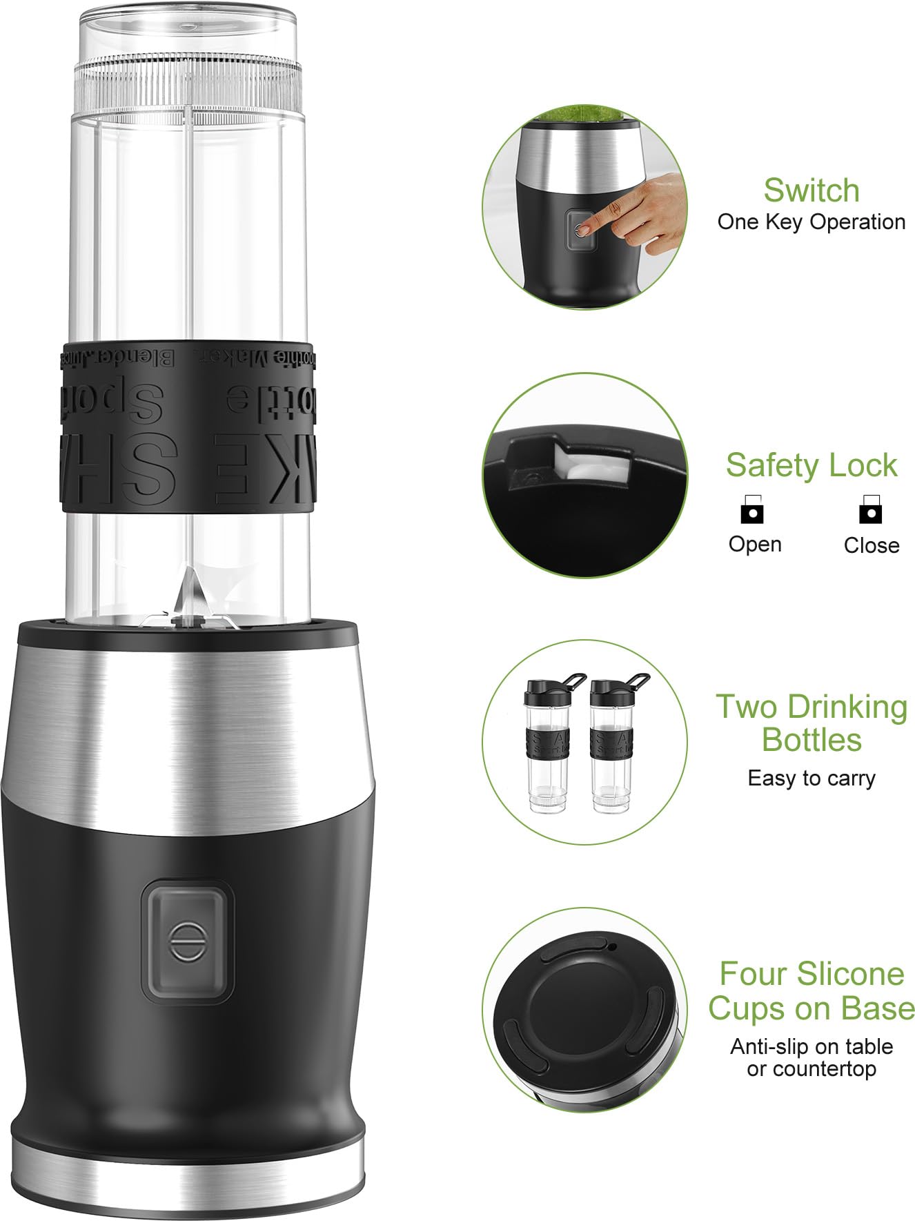 Blender Mixeur, 500W Blender Smoothie 24000 tours/min, Mini Mixeur Blender Portable avec 2 sport bouteille portables de 570ml Sans BPA, 4 Lames en Inox pour Smoothie Milk-shake Fruits bébé Jus légume