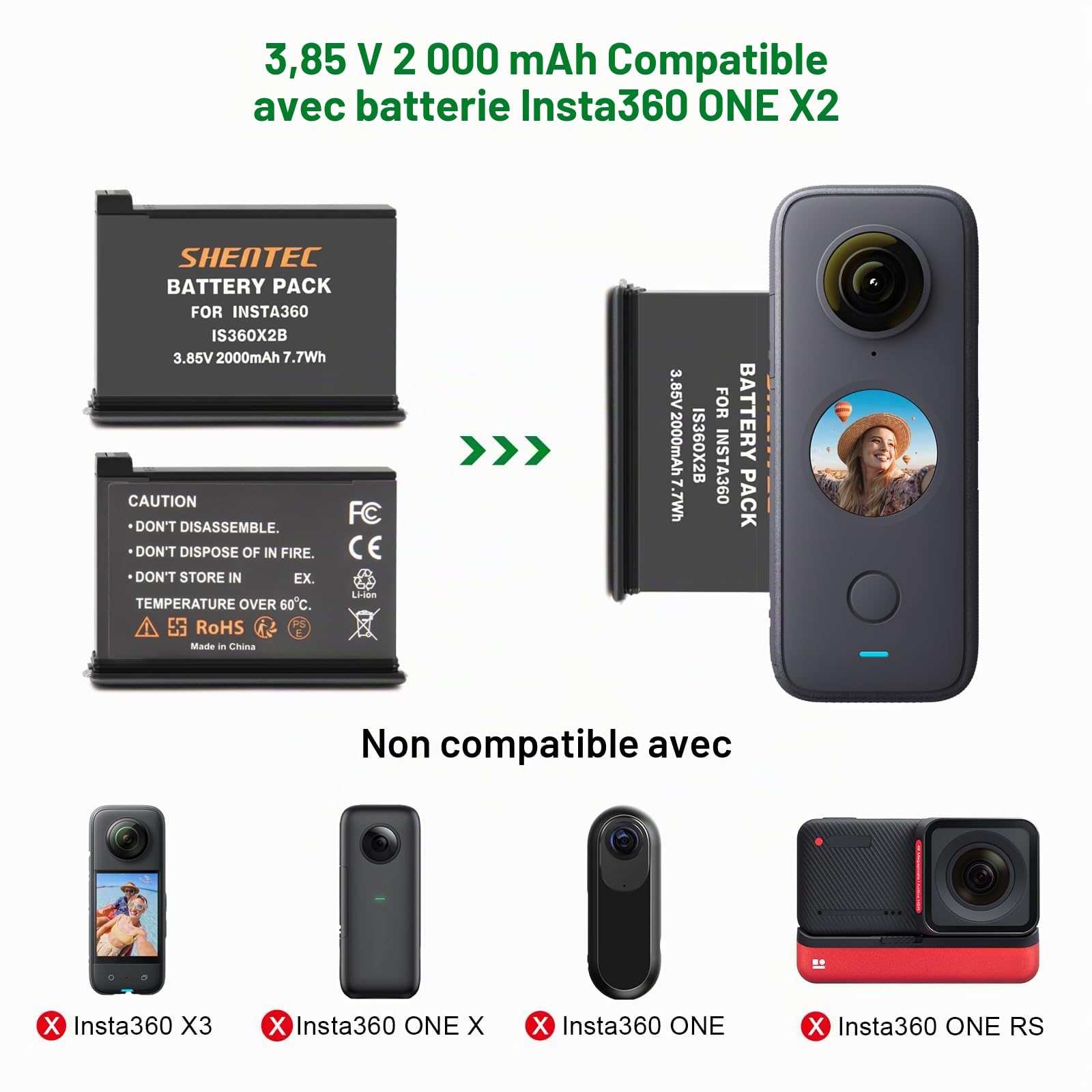 2X Shentec 3.85V 2000mAh Li-ION Batterie de Remplacement Compatible avec Insta360 One X2 Batterie Accessoires Insta360 X2
