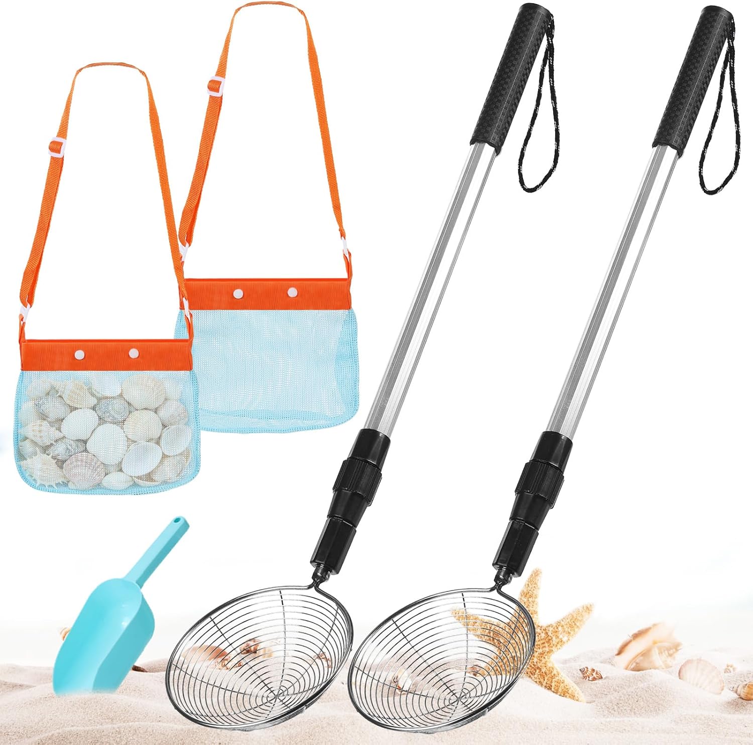 2 Pack Sand Sifter for Beach Shell Scooper with Seashell Bag and Sand Shovel Adjustable Shark Teeth Sifter Shelling Tools for Beach Seashell Collecting and Beachcombing