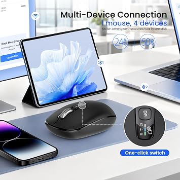 INFINMIND Wireless Bluetooth Mouse,Multi Device Ergo Full Size Mouses-Big Hand,Metal 4-Way Super Scrolling,± 3000 DPI,7 Buttons,Plug&Play,Quiet,USB Mice for Computer,Laptop,Tablet,Mac,iPad,Phone