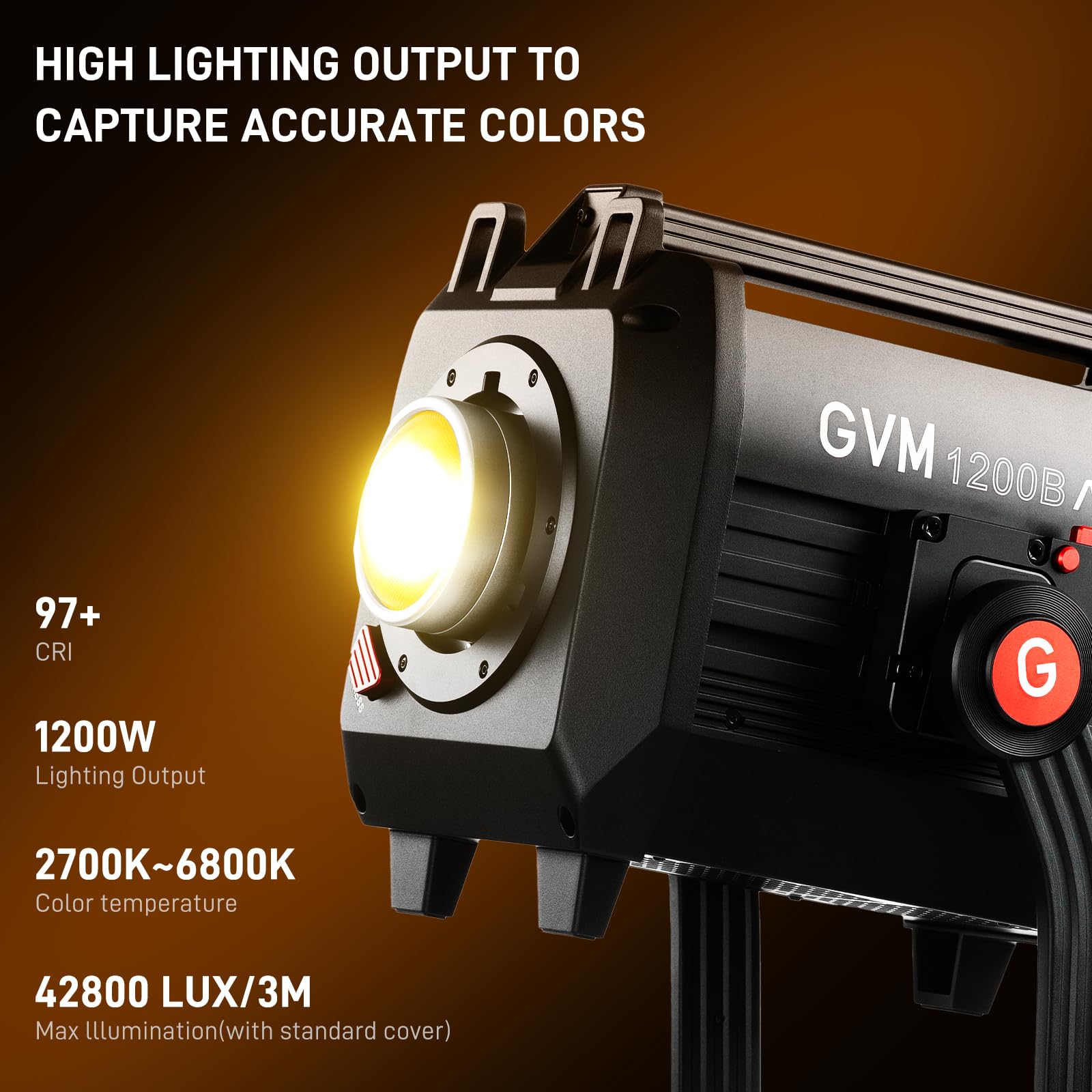 GVM - Luce video a LED da 1200 W, kit di illuminazione per film AIO 1200B, kit di illuminazione fotografica 42800lux/3 m con controllo DMX, illuminazione video in uscita continua per produzioni TV