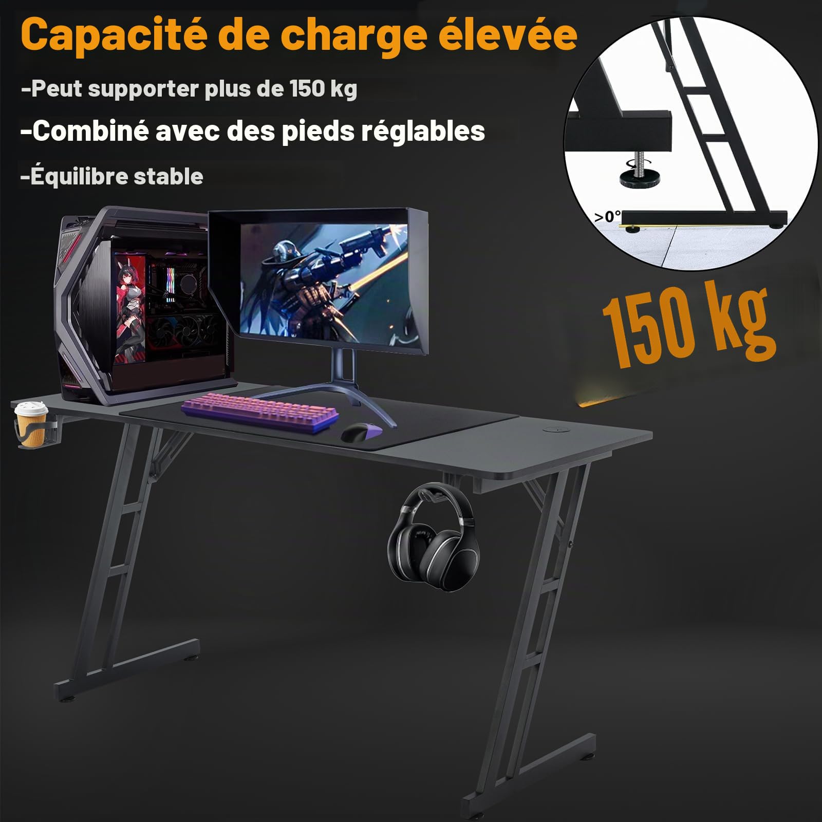 FROADP Bureau de jeu, 160 x 60 cm, bureau de jeu noir, surface en fibre de carbone, ergonomique, avec porte-boissons et crochet pour casque, PC Desk, châssis Z stable, capacité de charge 150 kg