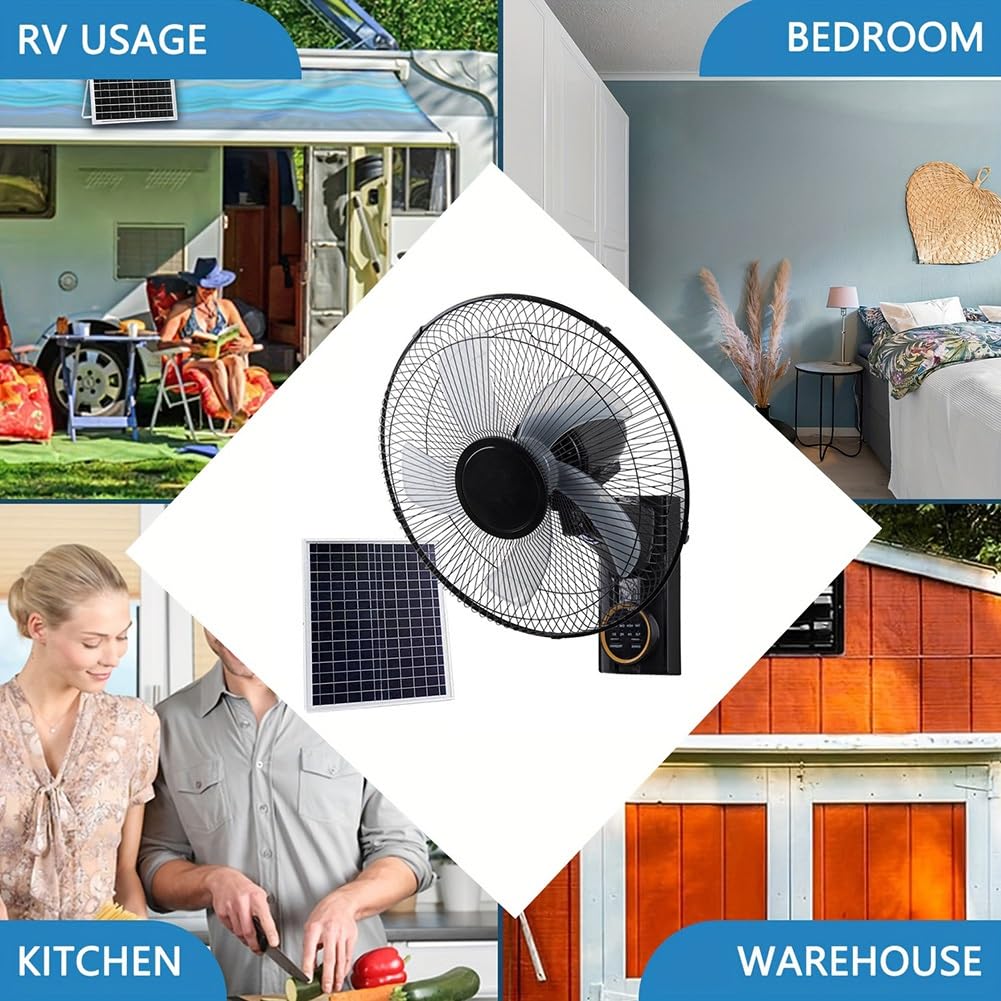 Ventilatore solare da parete con telecomando, raffreddamento oscillante a 5 pale per interni ed esterni, flusso d'aria silenzioso, 3 velocità, timer, design a risparmio energetico per patio, camera da