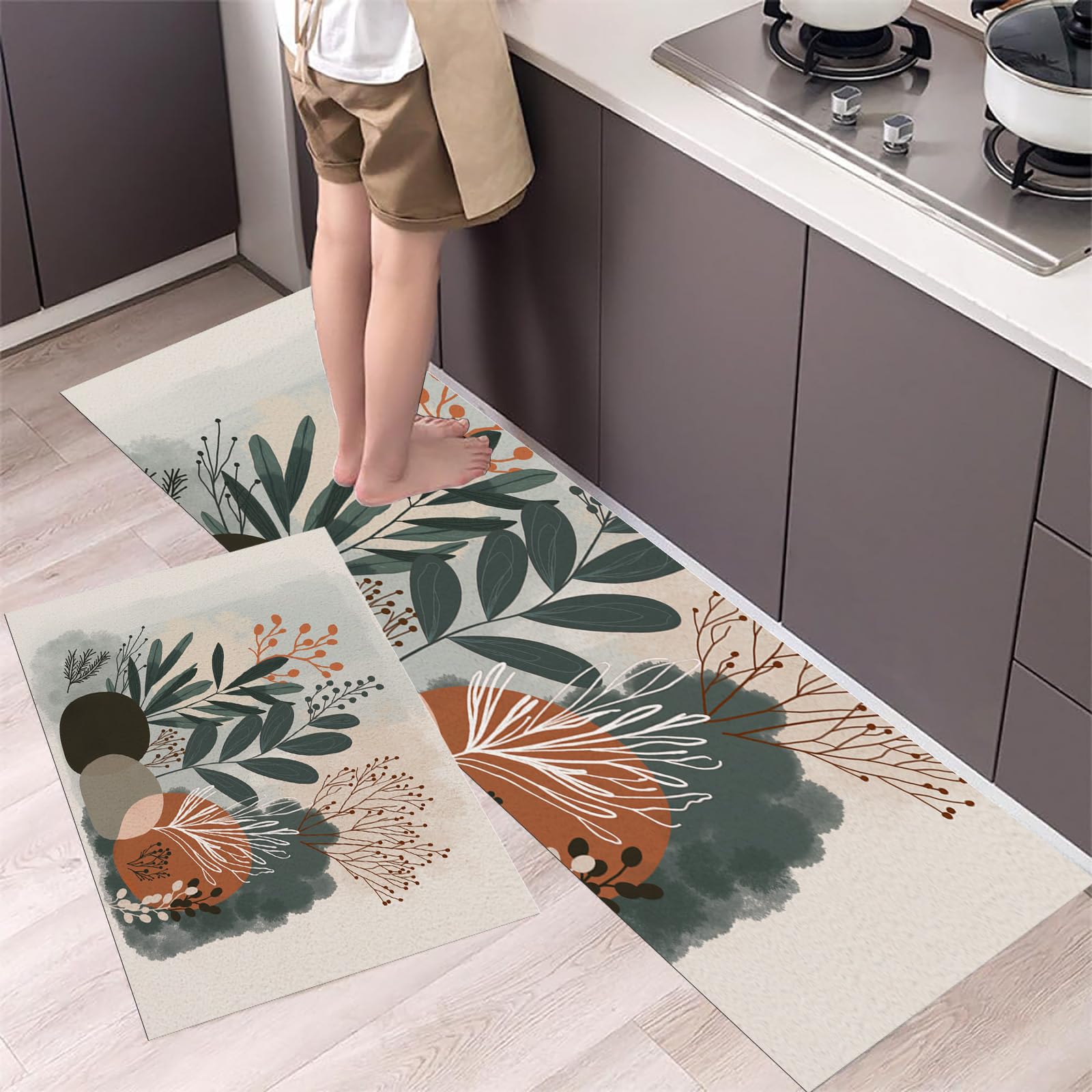 Alfombrillas de cocina lavables que evitan resbalones, pack de dos alfombras abstractas marrones
