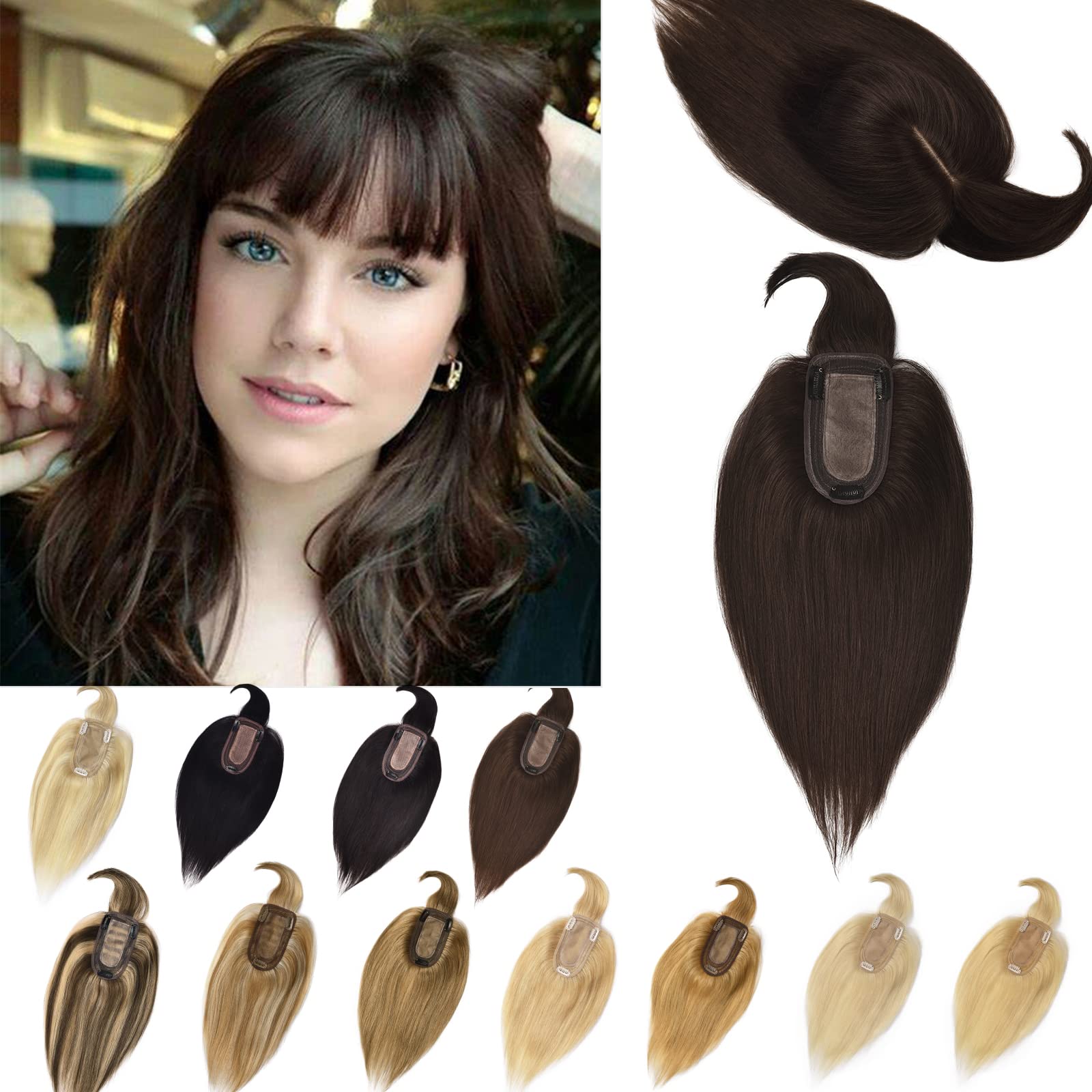 RICH BRIA Hair Toppers for Women with Thinning Hair Real Human Hair Silk Base with Bangs Toppers Hair for Women Clip in Hair Toppers with Bangs for Hair Loss Grey Hair 6 Inch #2 Dark Brown