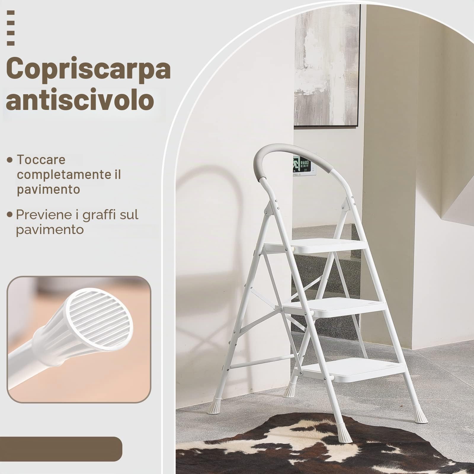 XinSunho Scaletta 3 Gradini Pieghevole, 3 Step Scale Domestica con Corrimano e Pedale Antiscivolo, Portatile Robusto Sgabello Scale, Massima 200 kg, Bianca