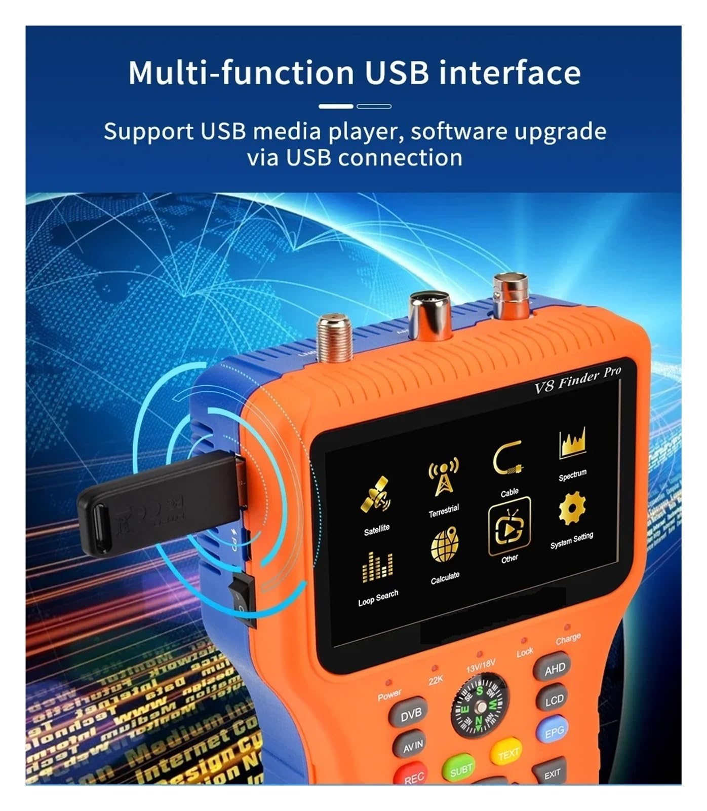 Misuratore di segnale via cavo satellitare e terrestre V8 DVB-S2X/S2/S/T2/T/C Trova satellite TV portatile Visualizzazione chiara