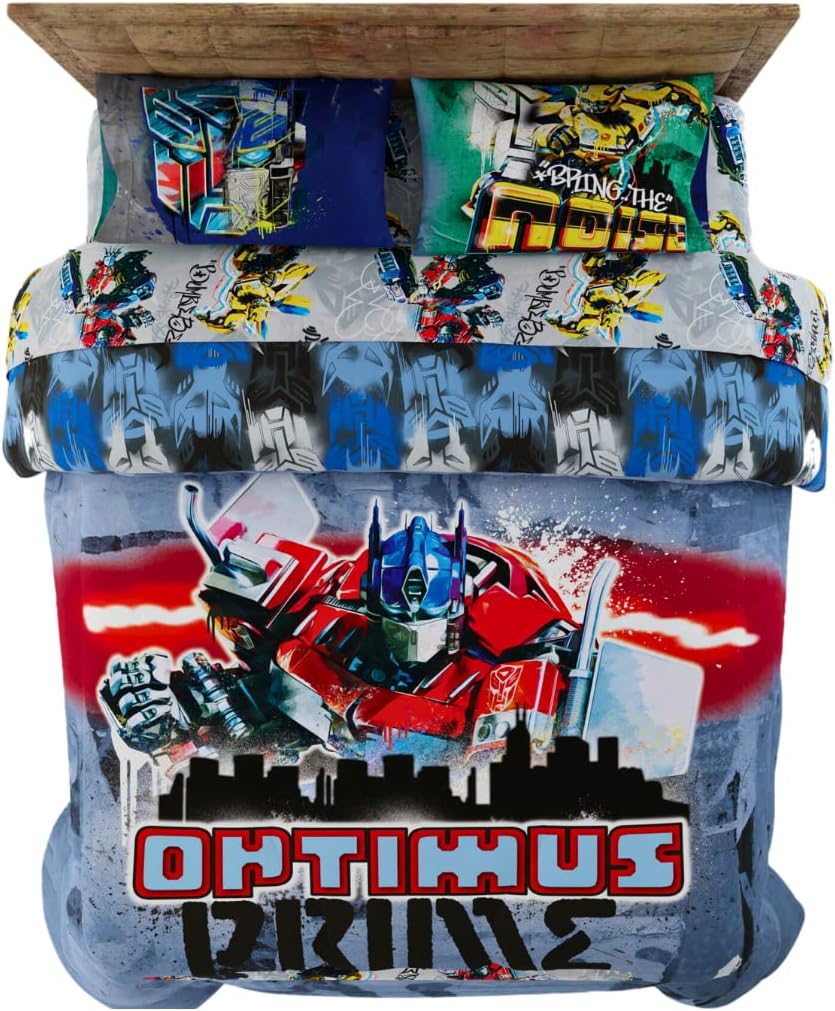 Transformers Battle in Brooklyn Optimus Prime Kids Super Soft Comforter and Sheet Set with Sham, 5 Piece Full Size, (Official Licensed Product) by Franco