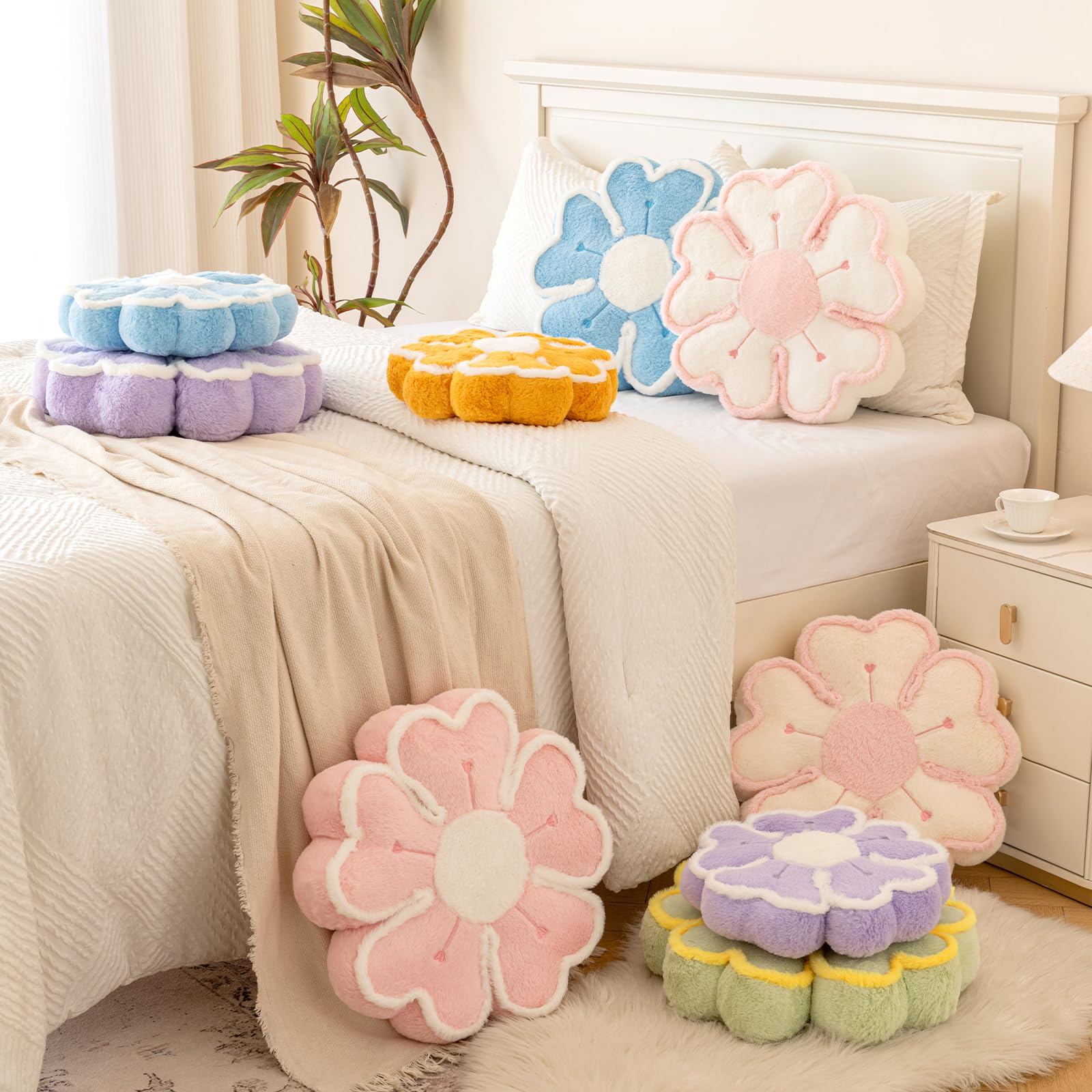 Almohada de flores, cojín decorativo en forma de flor para cama y sofá, lindas almohadas de felpa para decoración del hogar, almohada de suelo (azul, 17.7 pulgadas)