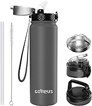 GOPPUS 1L/32oz Borraccia in Acciaio Inox con Cannuccia Borraccia per Acqua Termica Calda a Doppia Parete Borraccia Isolata Borraccia per Acqua Fredda a Prova di Perdite Adulto con 3 Coperchi