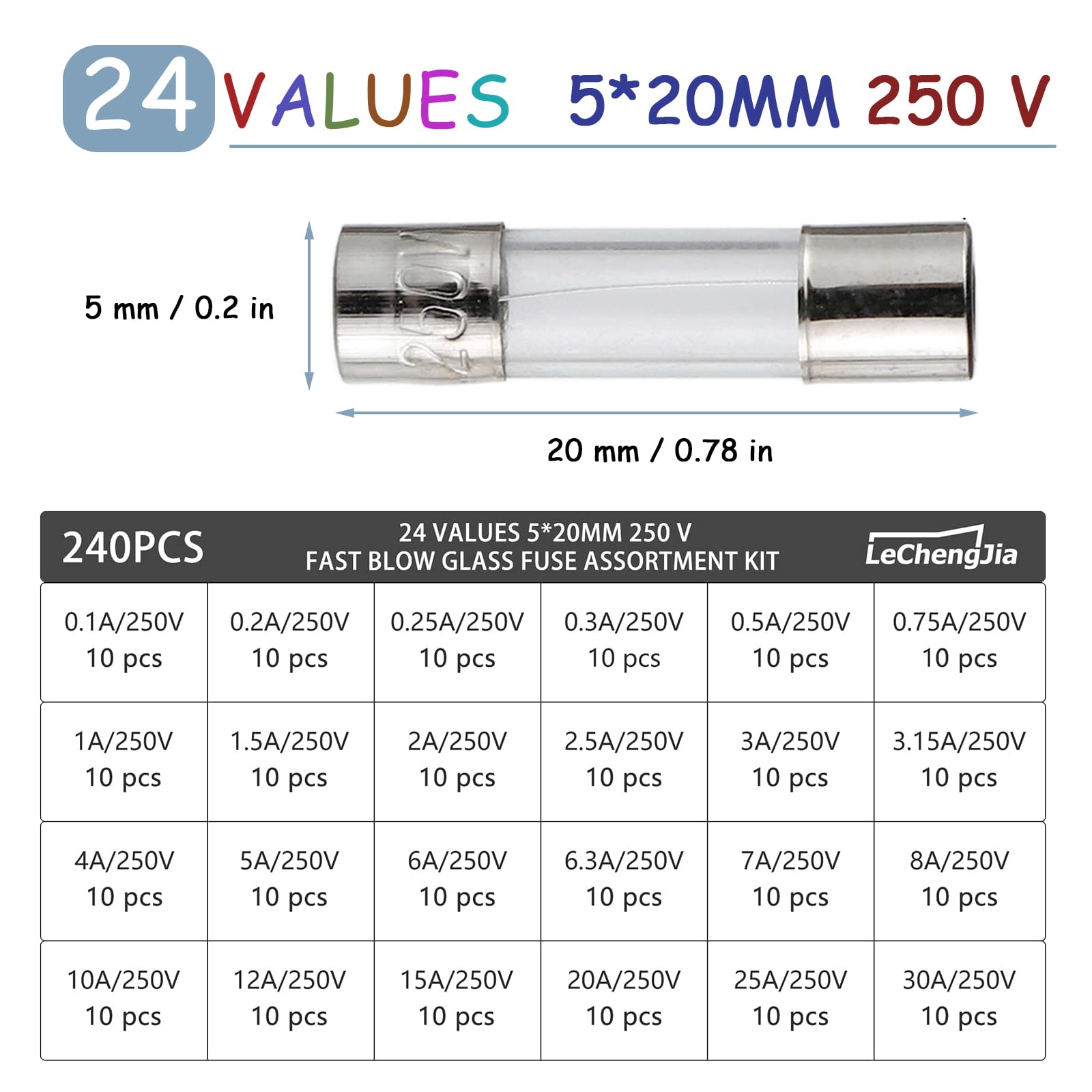 24 Valores 240 Piezas250v Fusibles De Vidrio De FusióN RáPida Kit 5x20 Mm 0.1/0.2/0.25/0.3/0.5/0.75/1/1.5/2 /2.5/3/3.15/4/5/6/6.3/7/8/10/12/15/20/25/30A Con Una Caja De PláStico Transparente
