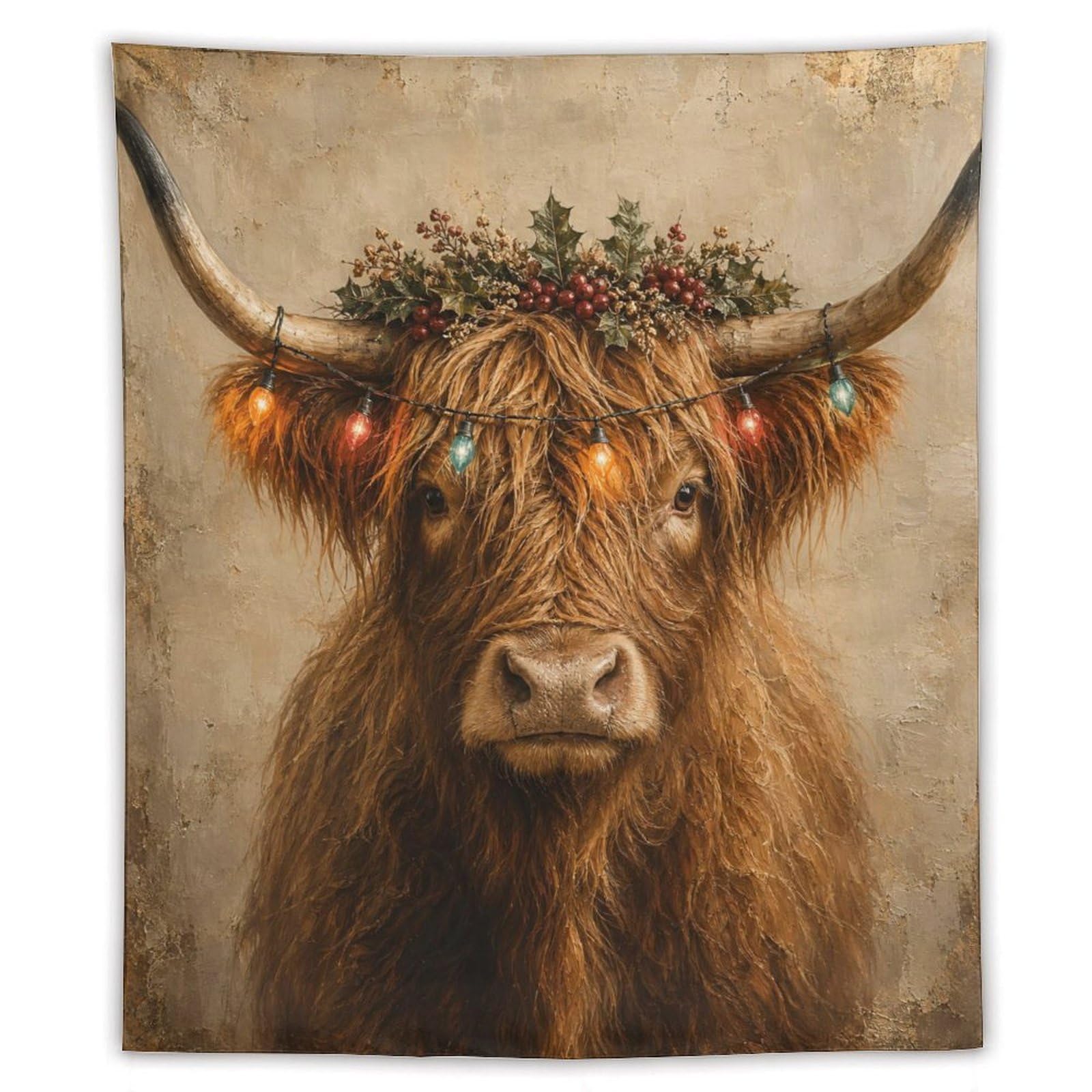 W7C8U2X3 Highland Cow Floral Portrait Wall Tapestry, Realistic Illustration
