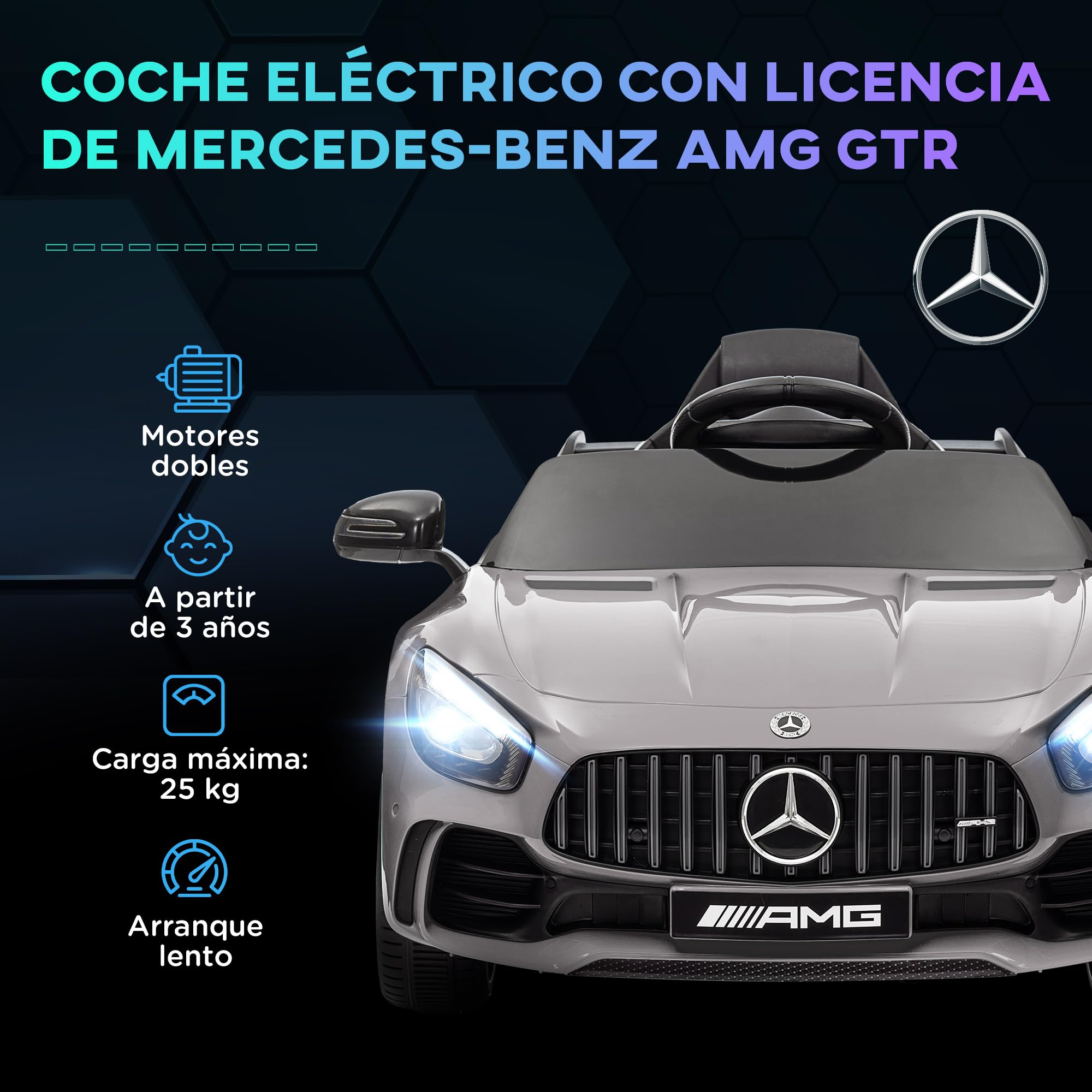 AIYAPLAY Coche Eléctrico para Niños de +3 Años Mercedes-Benz AMG GTR Carro Eléctrico Infantil con Batería 12V Mando a Distancia Faros Bocina Música MP3 Arranque Lento y Pantalla Plata