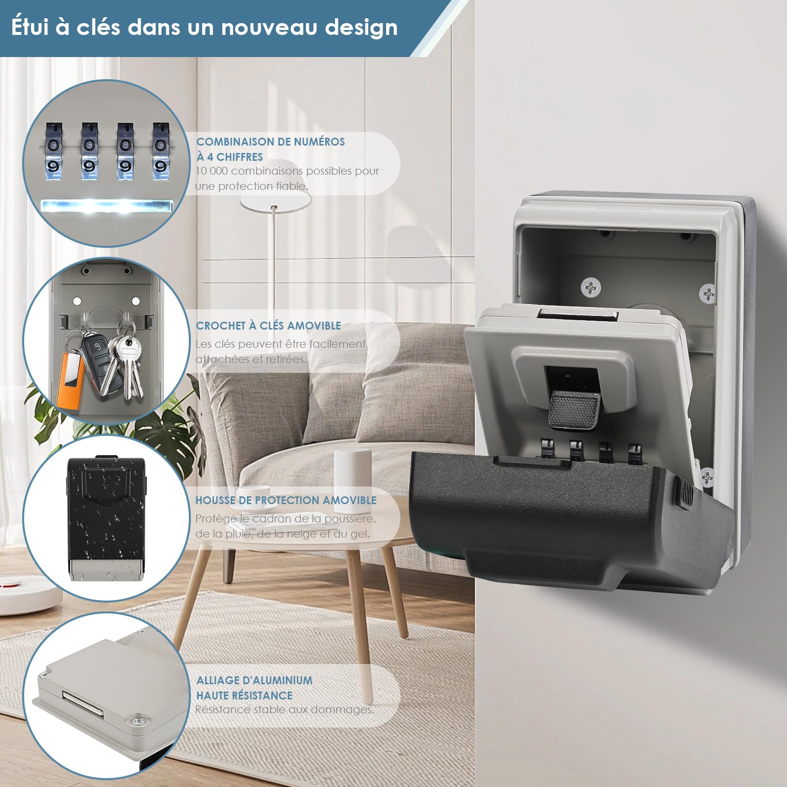 Boîte à Clés avec Code & Éclairage – Boite A Clef Murale sécurisée en Alliage d’Aluminium, étanche & résistante aux intempéries – Boite A Clefs Securisee Exterieur pour Maison, Garage & Bureau