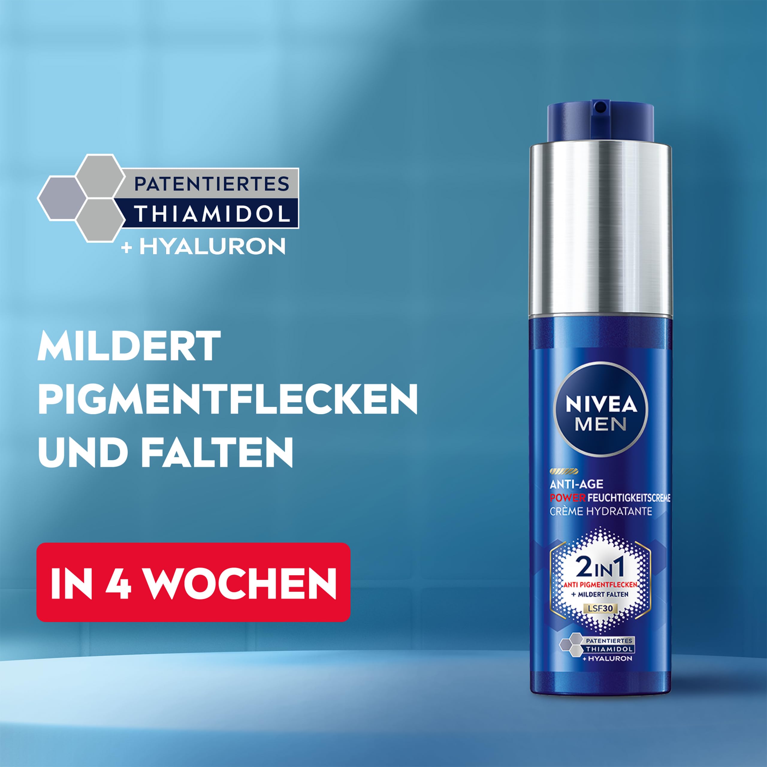 NIVEA MEN Anti-âge 2 en 1 Power Soins du jour avec SPF 30, soins du visage à l'acide hyaluronique pour hommes avec effet anti-âge, soins de la peau avec LUMINOUS630® contre les taches de vieillesse et