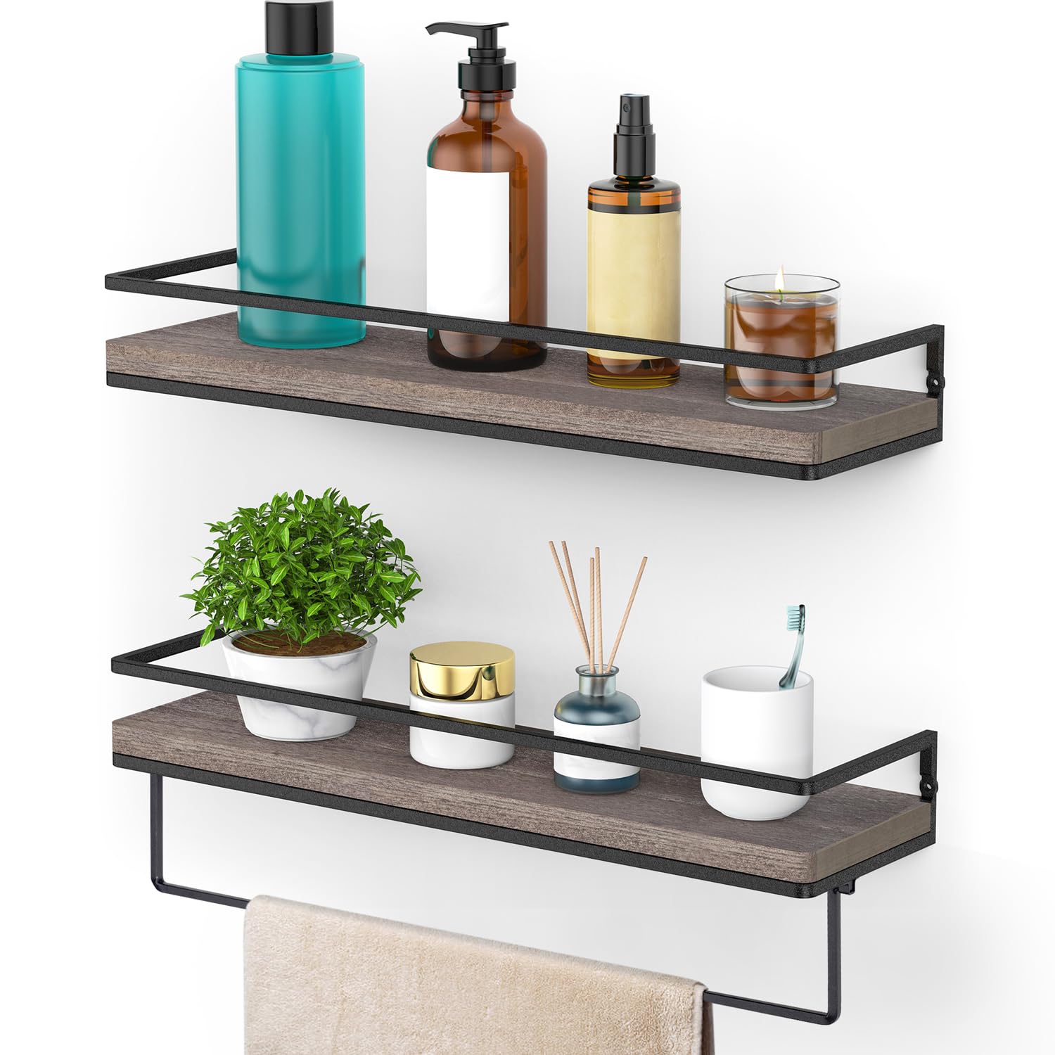 Meangood Floating Shelves Wall Mounted, Wall Shelf with Towel Bar Rustic Wood Wall Storage Shelves for Bedroom,Living Room,Bathroom, Kitchen (Set of 2