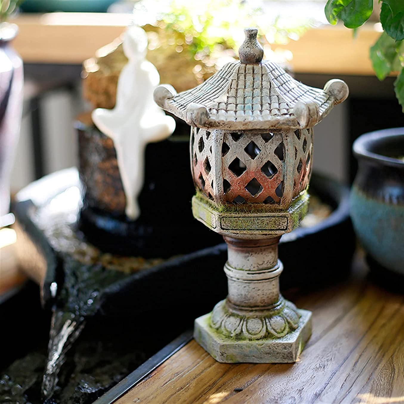 Solarny ogród japoński styl pagoda latarnia statuetka, zasilany energią słoneczną żywica rzeźba zewnętrzna lampa ogrodowa, na patio, trawnik, 30 cm wys