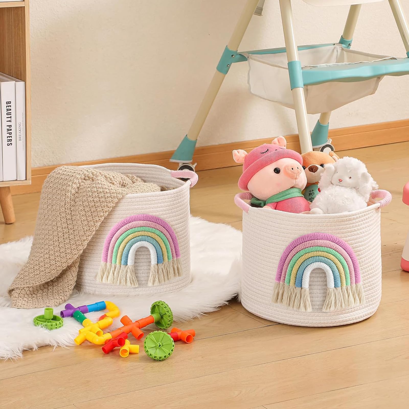 Toy Storage Baskets Woven Cotton Rope Storage Basket with 3D Rainbow Decor for Kids Multifunctional Blanket Baskets for Living Room Toys Organizer with Handle for Gifts Girls Baby Hamper Nursery - Image 3