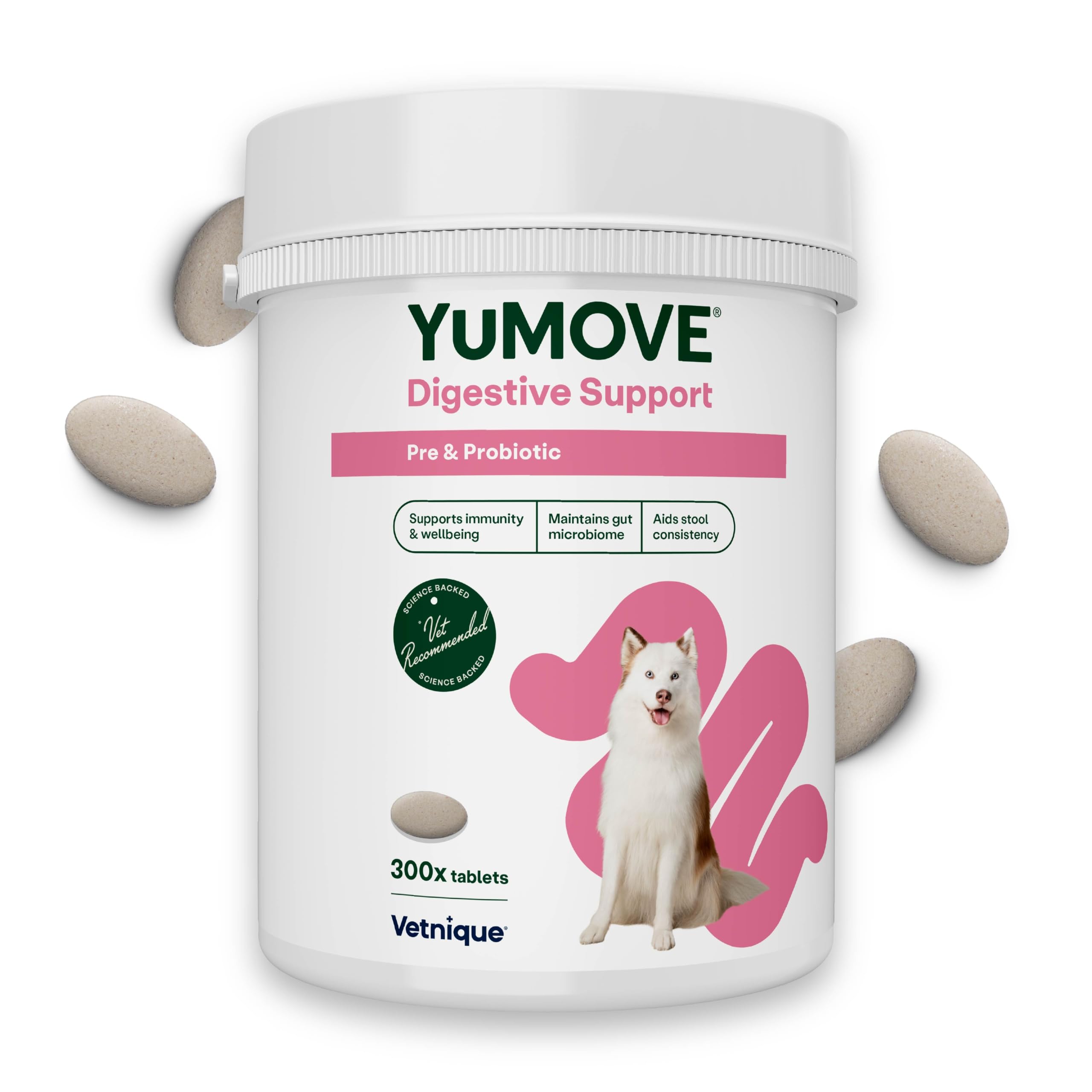 YuMOVE Digestive Care, Dog Pre and Probiotics Supplement for Gut Health and Digestive Support, All Ages and Breeds with Sensitive Digestion, 300 Tablets