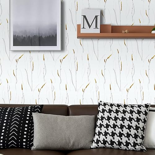 Miniatura 4 de Papel tapiz autoadhesivo dorado y blanco de 236.2 x 17.7 pulgadas, papel tapiz texturizado para despegar y pegar, papel de contacto extraíble para