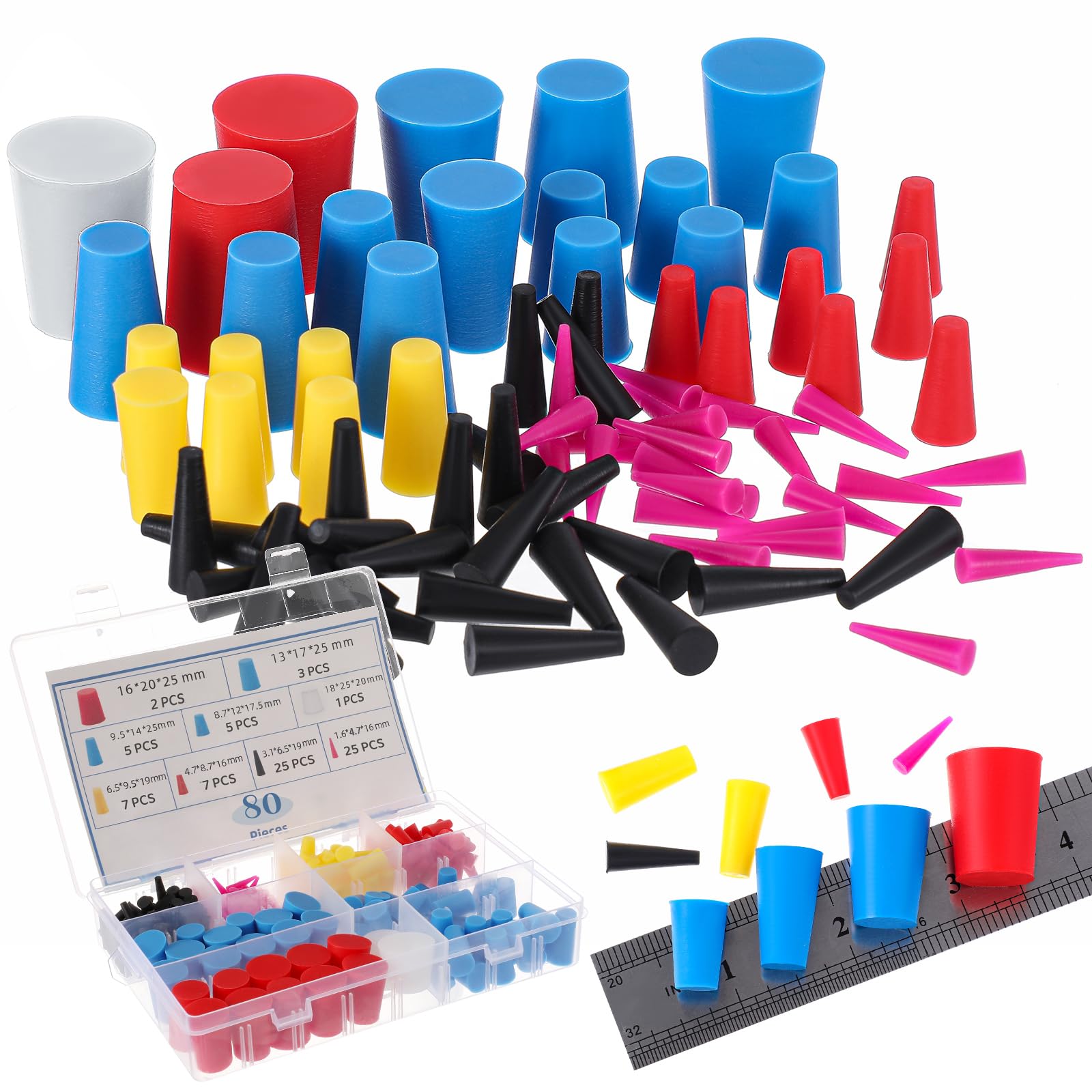 80 Pcs Rubber Plugs 8-Sizes Silicone Tapered Plug Kit 1/15" to 1" High Temp Stoppers for Coating, Hole, Painting Protection Silicone Stopper