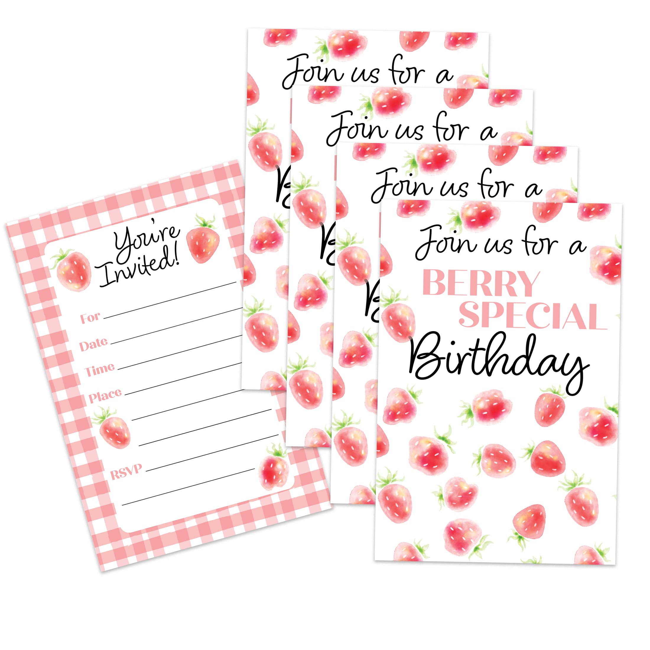 Berry Special Strawberry Summer Birthday Party Invites For Girls Kids - 20 Count of 4 x 6 Inch Double Sided Fill-In Invitations With Wet To Seal Envelopes