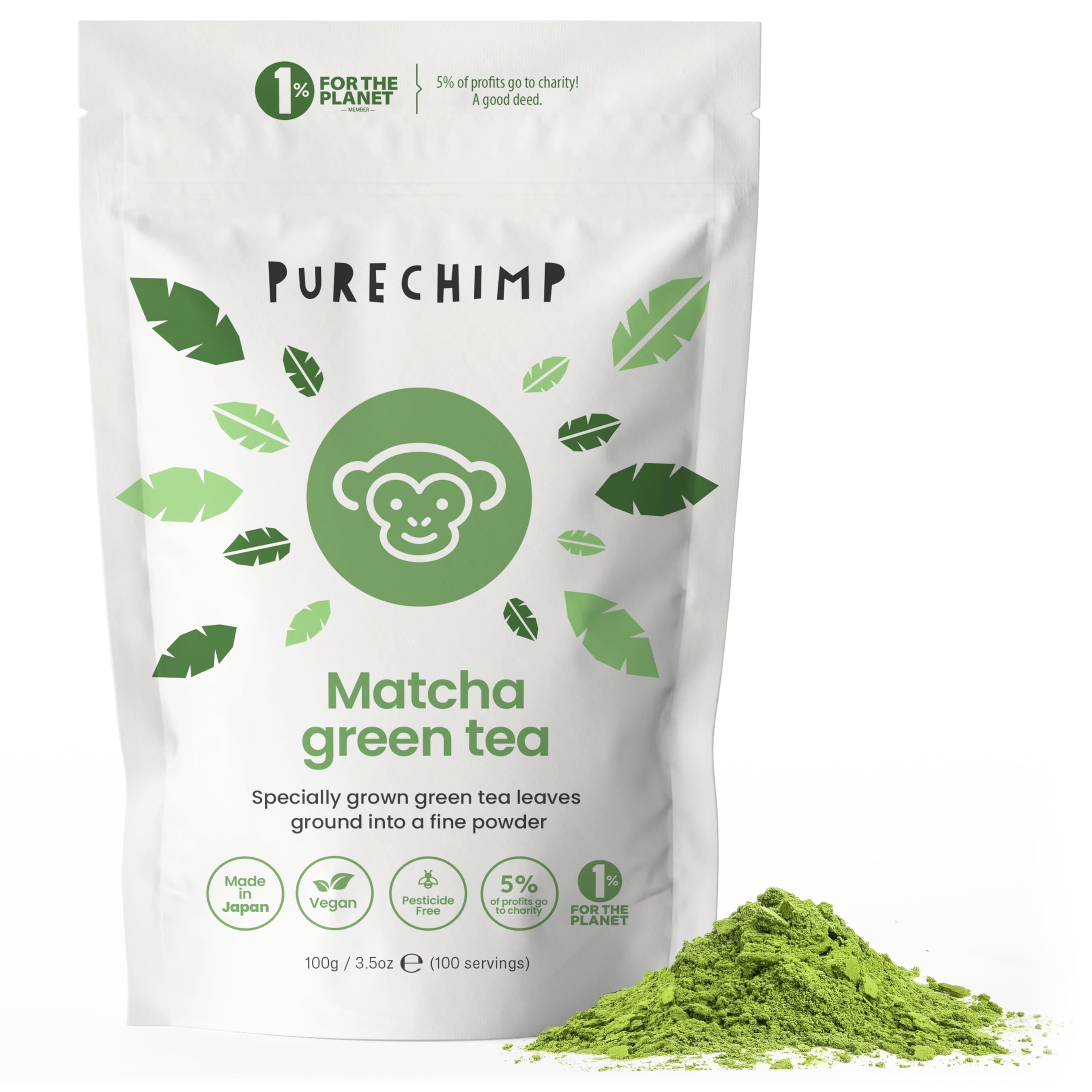 PureChimp Ceremonial Matcha Powder 100g. 100% Pure Green Tea. Shade-Grown Leaf for Lattes, Beverages, and Culinary Uses. Sustainable Packaging. Rich in Antioxidants