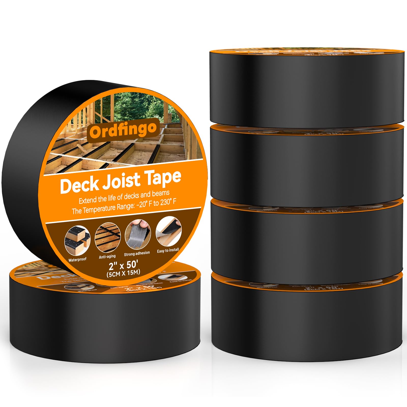 Ordfingo Decking Tape 50mm x 15.2cm - 6 Rolls, Waterproof Joist Tape for Decking 2 Inch, Weather Resistance, Anti-Corrosion, Self-Adhesive Butyl Deck Joist Tapes for Wood Joists Decks Beams Roof