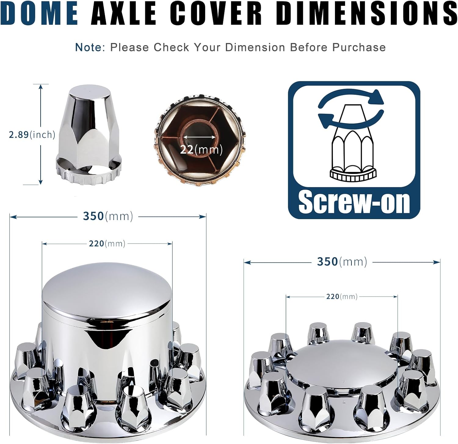 Axle Wheel Covers for Semi Truck - 2 Front and 4 Rear Hub Covers with 33mm Thread-On Chrome Lug Nut Covers for Semi Truck (Installation Tool Included)