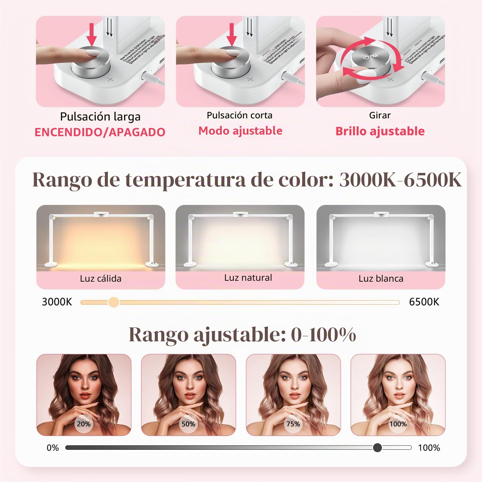 Media Luna Lámpara para Uñas: 34" Lampara Media Luna con Soporte - 3 Modos de Color y 10 Niveles de Brillo Ajustables para Manicura (Blanco)