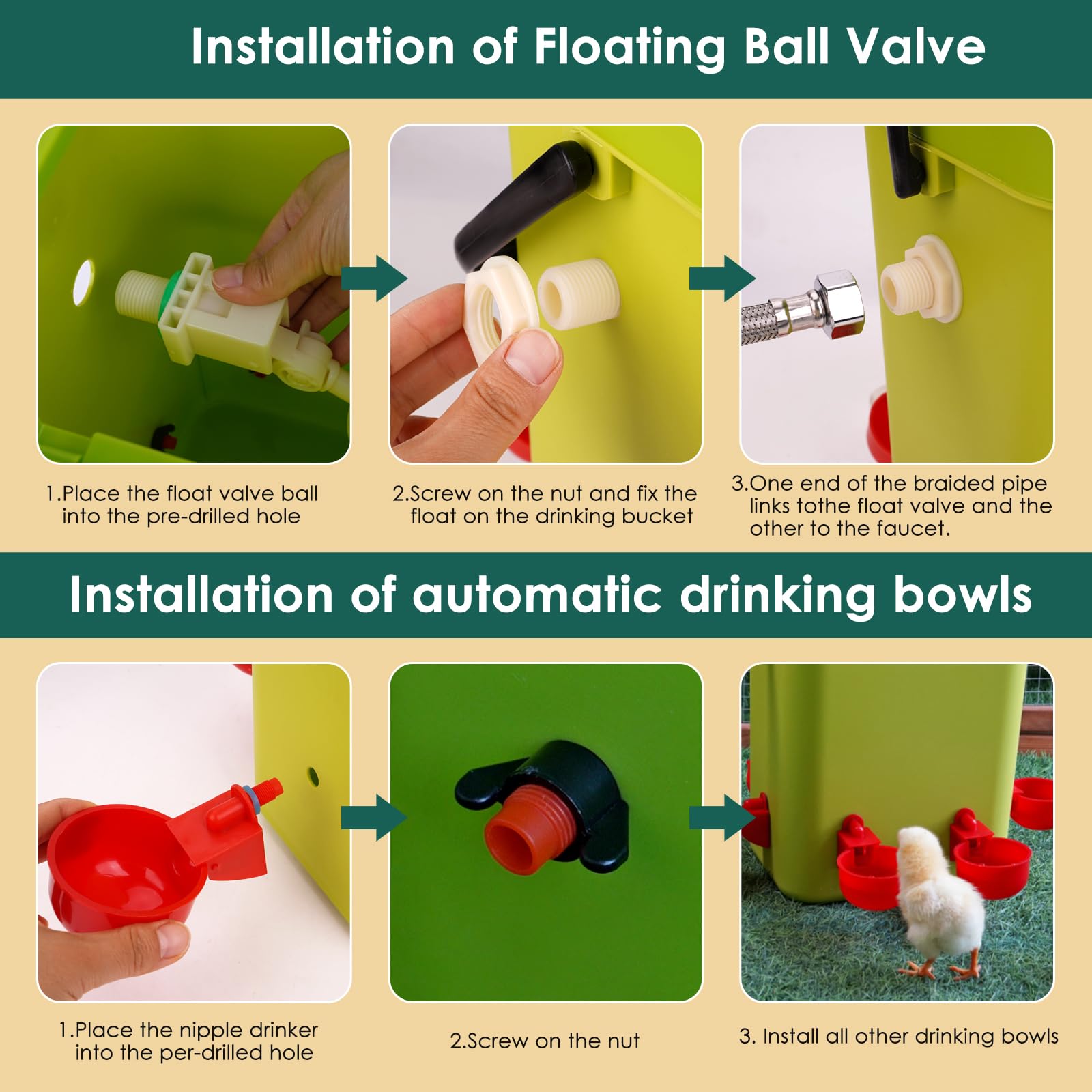 Regadera automática de pollo con válvula flotante, bebedero colgante de 3.2 galones con 6 tazas de agua, dispensador de agua grande de codorniz, pavo, ganso, gallinero