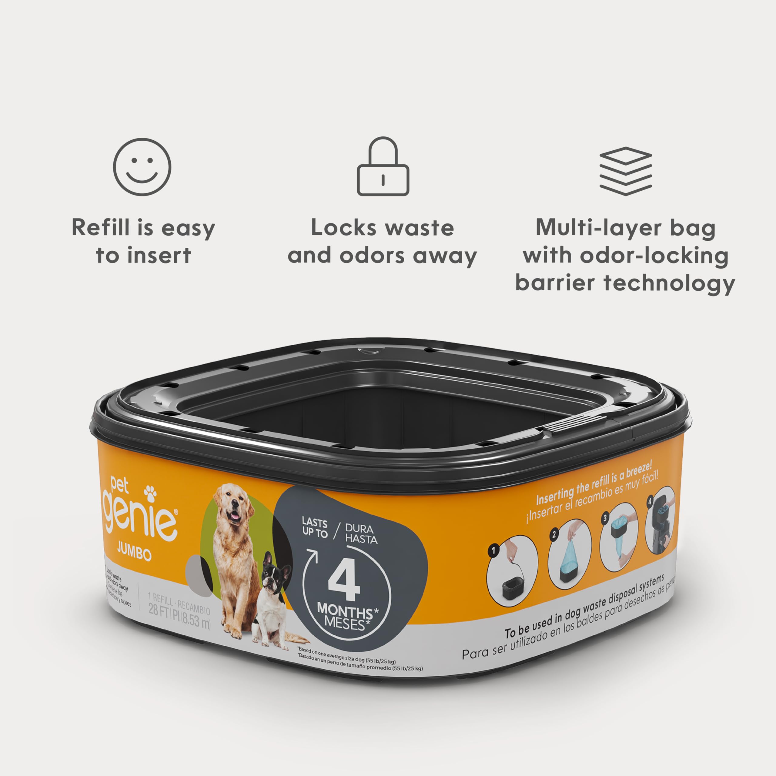 Pet Genie Paquete de 2 recambios jumbo, hasta 8 meses de suministro, bolsas para excrementos de perro con control de olores definitivo