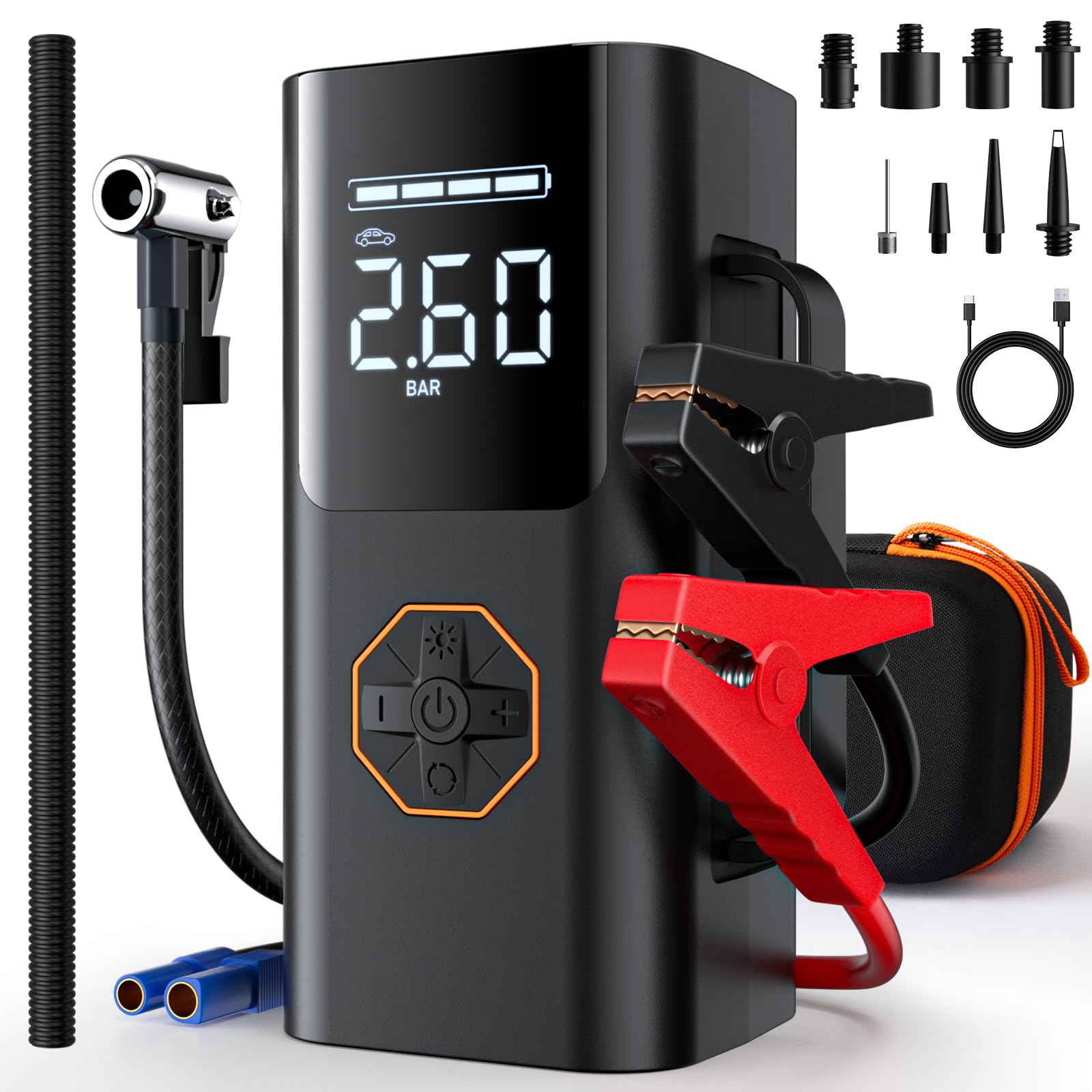 Portable Jump Starter with Air Compressor - 12V Car Battery Jumper Starter Box 5500A All Gas 12L Diesel