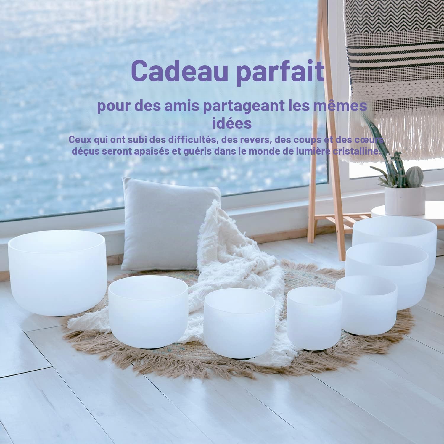 CVNC Lot de 7 bols chantants en cristal de quartz givré avec 2 étuis de transport pour la guérison par le son et la méditation 15 à 30 cm 432 Hz
