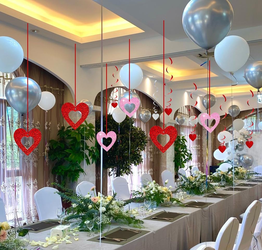 48 Pcs Valentine's Day Decorations Glitter Heart Hanging Swirls,Hanging Love Heart Swirls Wedding Party Supplies Decorations, Anniversary, Ceiling Decor.