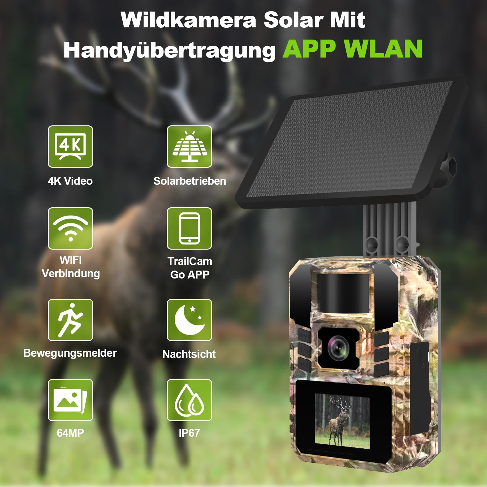 Lutranstra 3 Wildkamera Solar, 4K/64MP Wildkamera WLAN mit Handyübertragung APP, Bewegungssensor, Nachtsicht, 0,1s Auslösezeit, Infrarot Wildtierkamera mit 5000mAh Akku, 64GB Karte, IP67 Wasserdicht