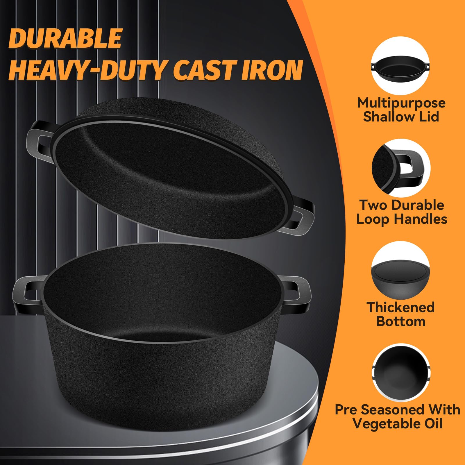 NZQXJXZ Casserole en Fonte pour la Cuisson du pain, 26cm Cocotte en Fonte avec Couvercle pour La Cuisson au four, Marmite 2 en 1 avec Poêle, 4.7L