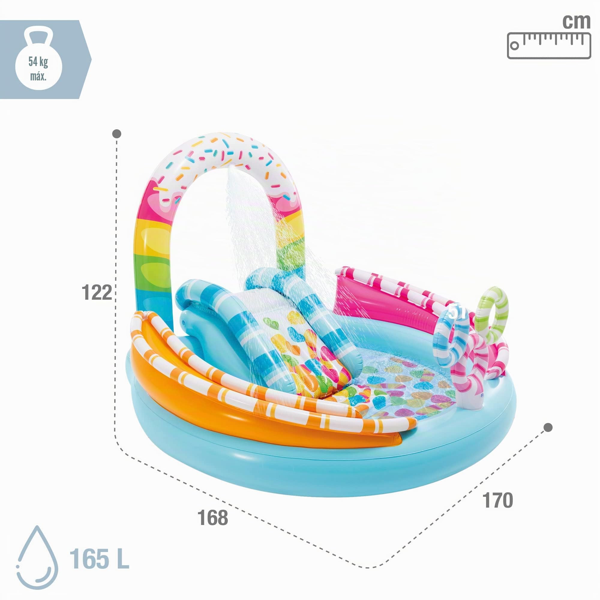 Intex 57144 Piscina Hinchable Infantil, Juegos Golosina con Tobogán, para Mayores de 2 Años, Capacidad de 165 litros, Base Acolchada, Medidas 170x168x122 cm, Incluye Parche de Reparación