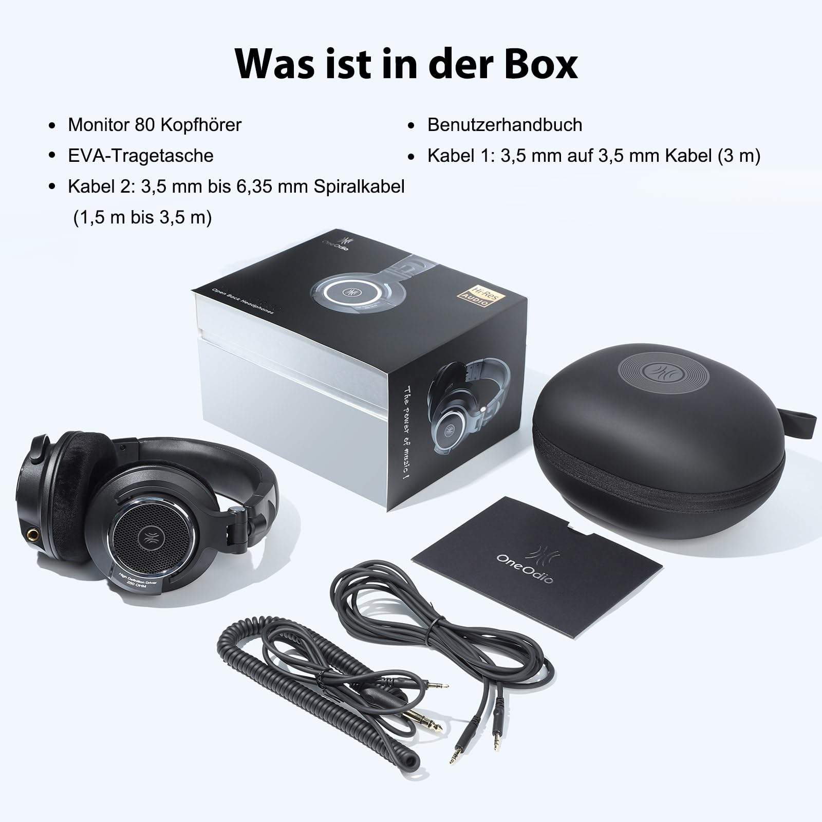 OneOdio offener Studio Kopfhörer mit Kabel Over-Ear mit 250 Ohm, Monitor 80 Headphones für Mixing, Mastering, Editing, Ohrpolster aus Samt, Abnehmbares Kabel(3.5mm/6.35mm link), Schwarz