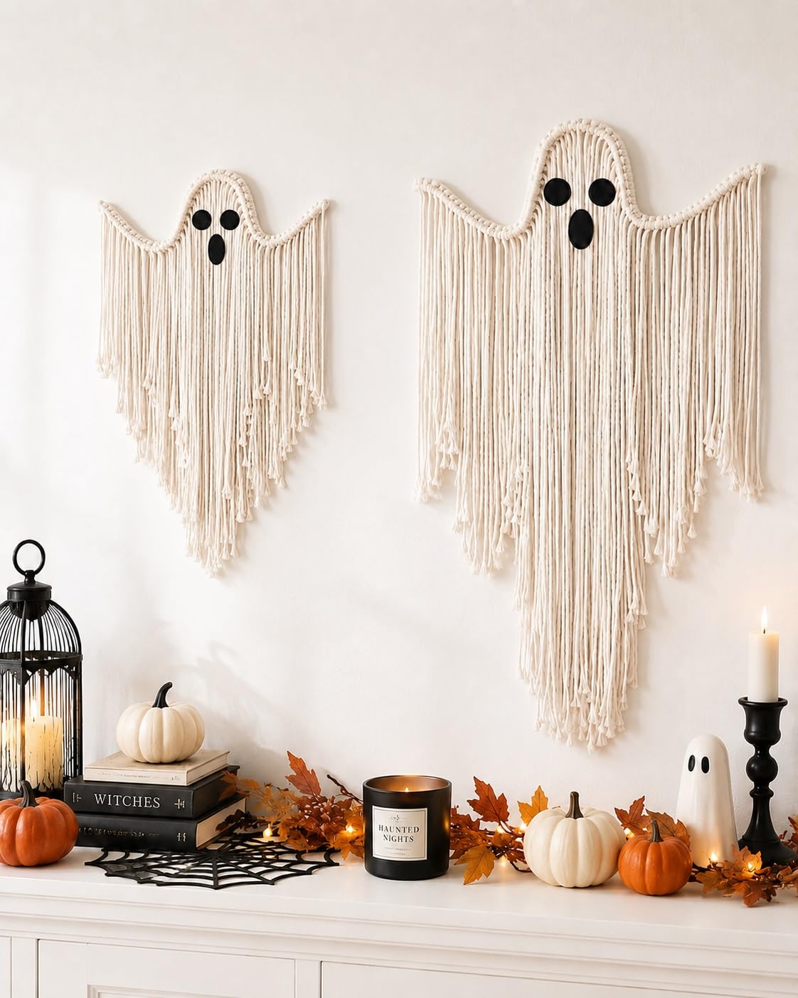 Homtrator White Handcrafted Woven Halloween Ghost Wall Decor, Cute Boho Macrame Hanging
