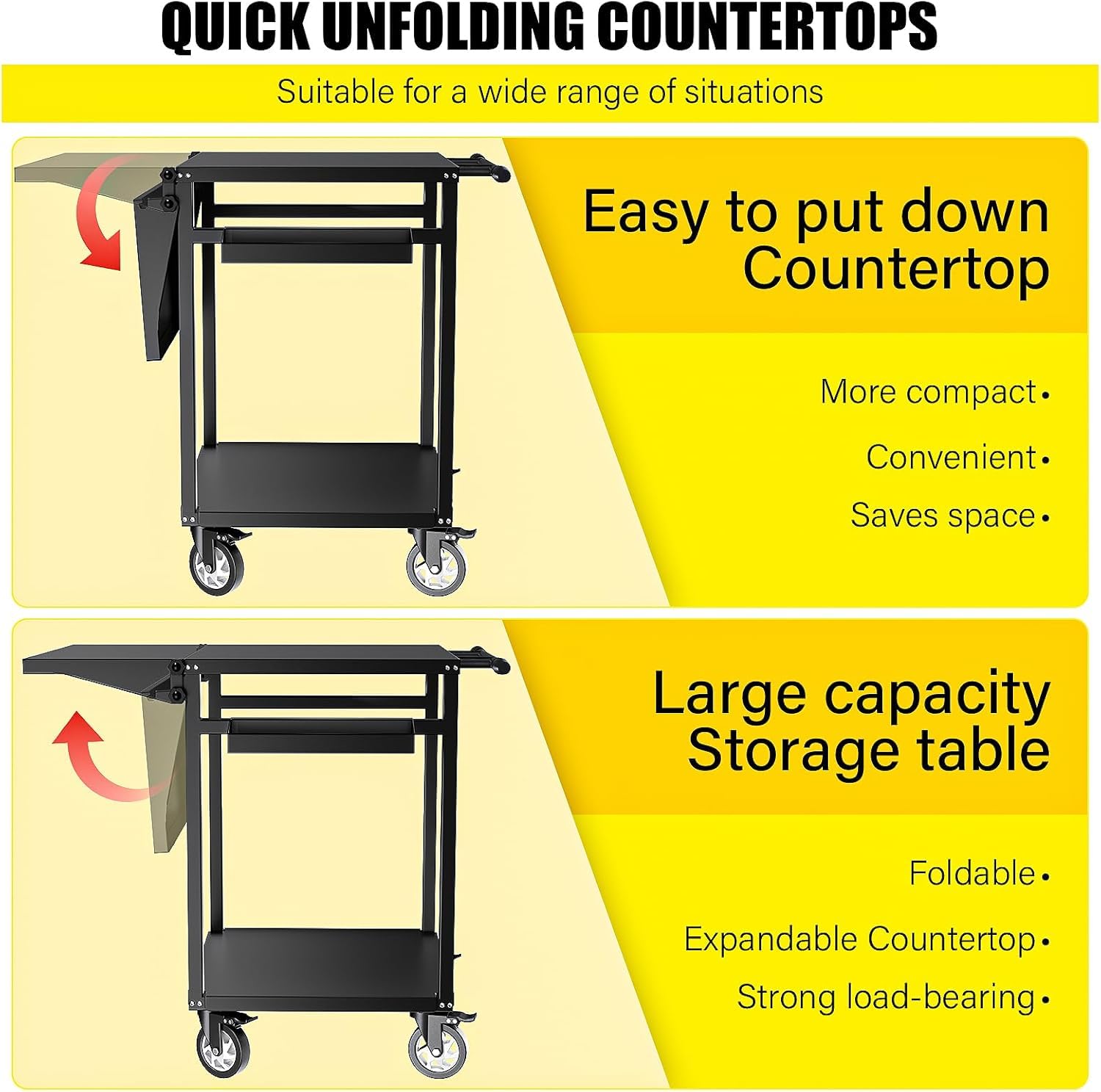 VELPAX Carrello Barbecue, Carrello di Servizio con Pannello Laterale Pieghevole, 87 x 62 x 89 cm Tavolo da Barbecue con Ripiani Regolabili, Ruote, Maniglia per Casa Cortile Patio e Giardino