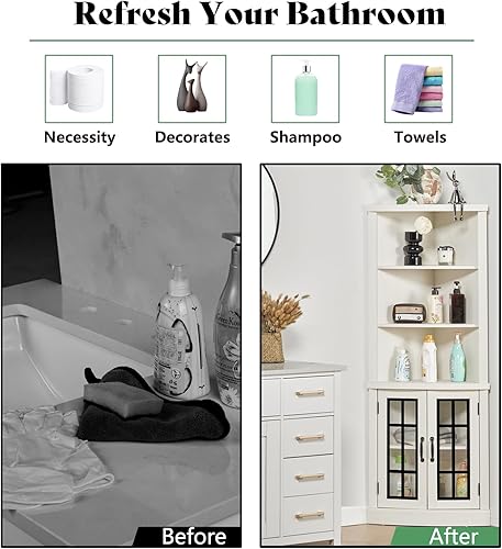 Miniatura 6 de AMERLIFE Armario de almacenamiento de esquina curva, estantería independiente de 65 pulgadas de alto con puertas de vidrio y estantes ajustables,